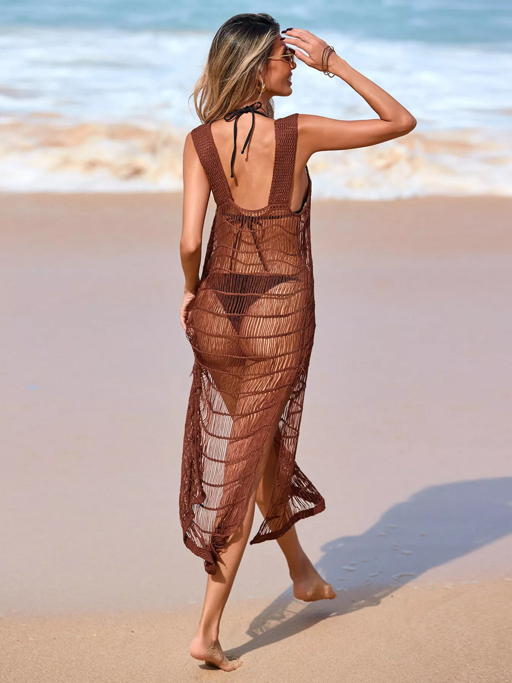 Sleeveless Crochet Knit Slit Cover-Up Dress - Lilixa.store