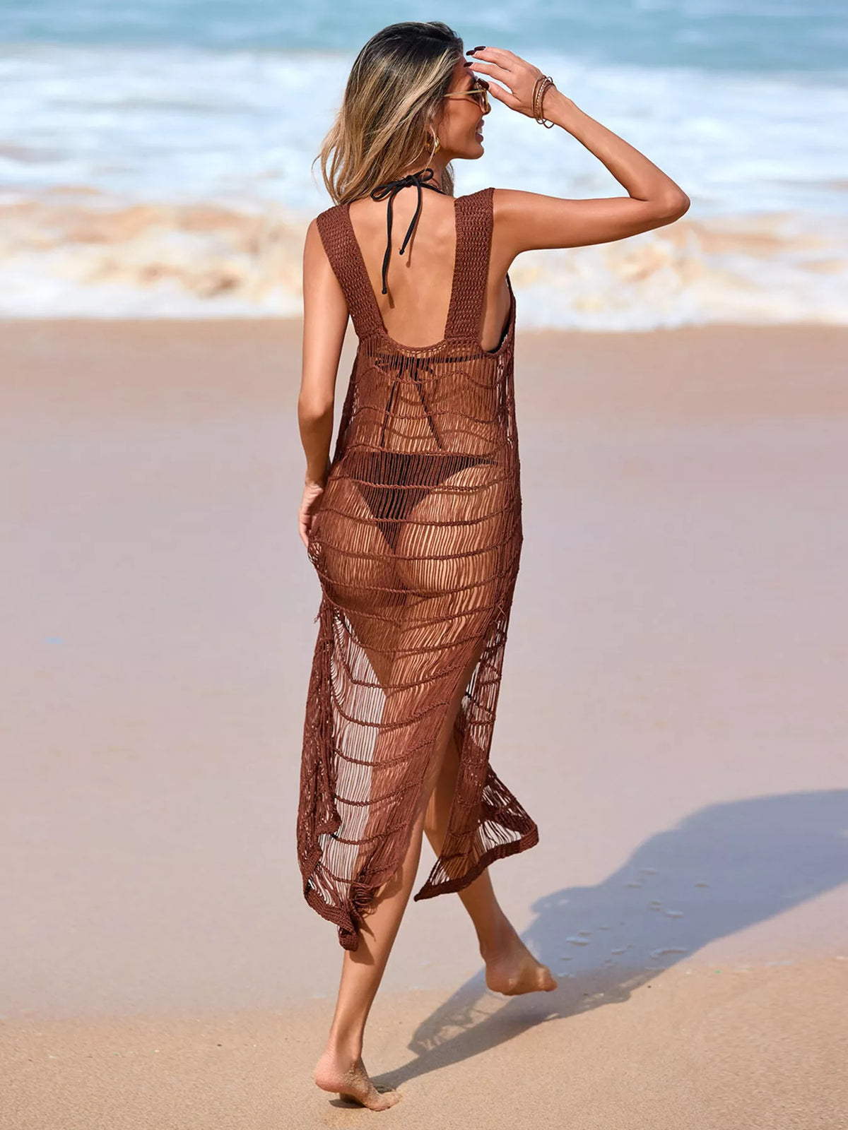 Sleeveless Crochet Knit Slit Cover-Up Dress - Lilixa.store