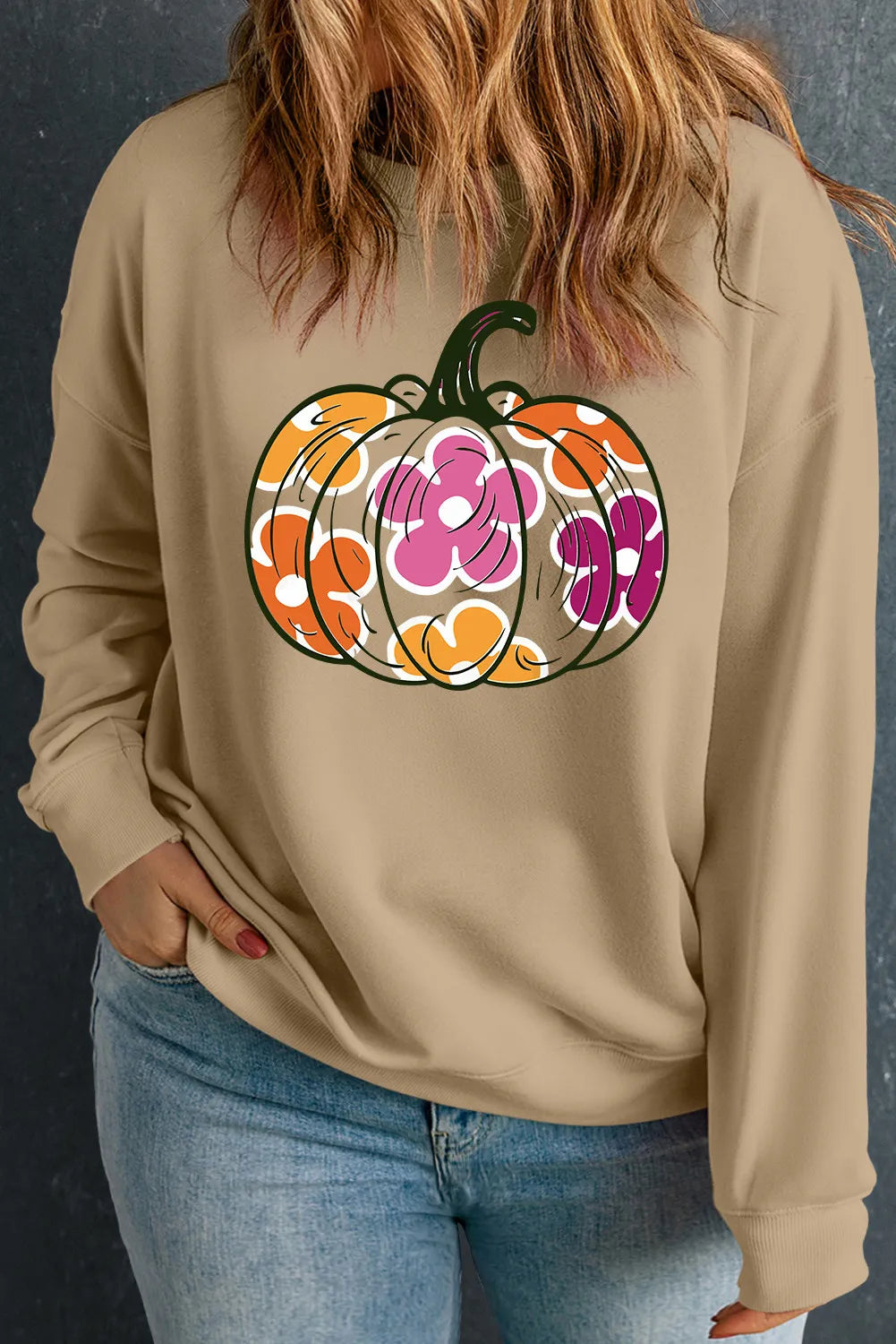 Plus Size Pumpkin Graphic Dropped Shoulder Sweatshirt in Khaki