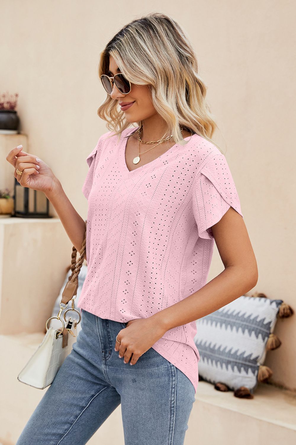 Eyelet Petal Sleeve V-Neck Knit Top, view 3