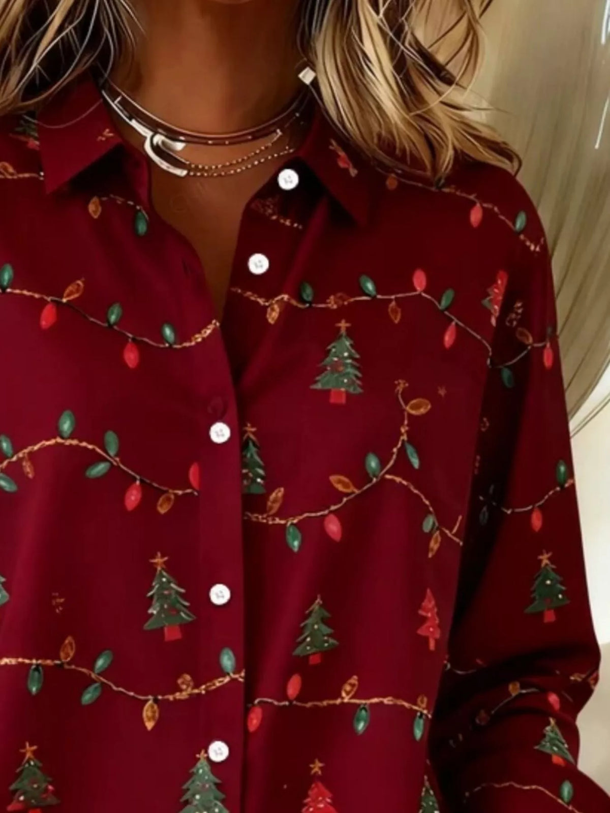 Full Size Christmas Tree Print Long Sleeve Button-Down Shirt Plus Size, view 5