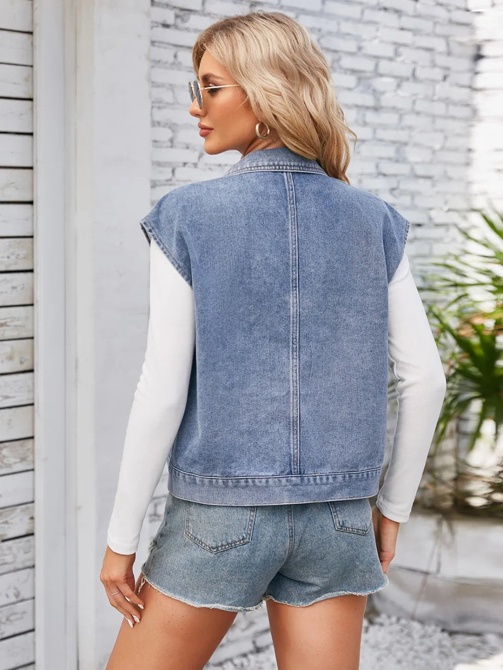 Cap Sleeve Denim Jacket with Pockets, view 3