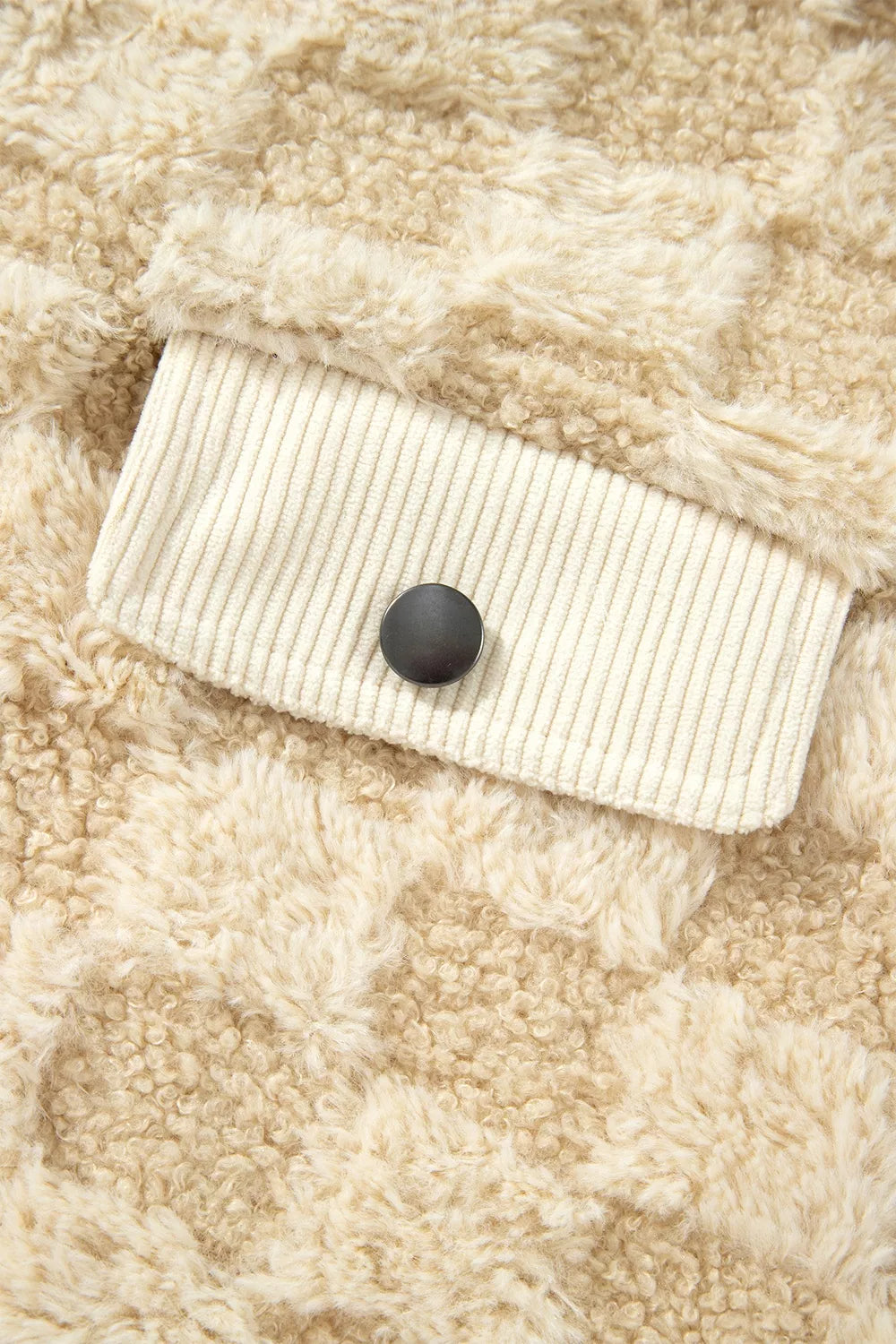 Plush Checkered Corduroy Trim Metal Button Long Sleeve Shift Silhouette Shacket