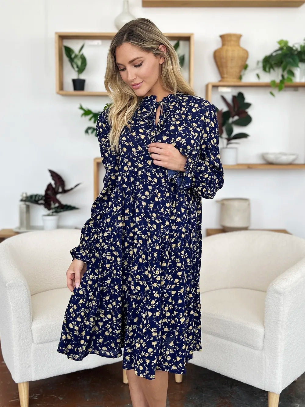 Double Take Full Size Printed Ruffle Hem Long Sleeve Tiered Dress - Lilixa.store