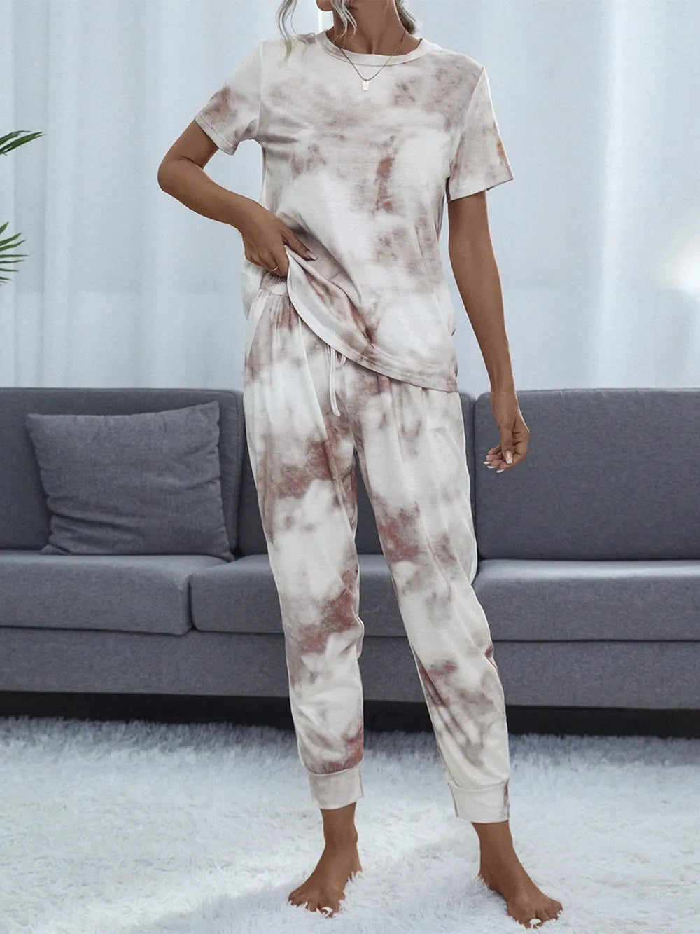 Shiny Tie-Dye Round Neck Short Sleeve Top and Pants Lounge Set - Lilixa.store