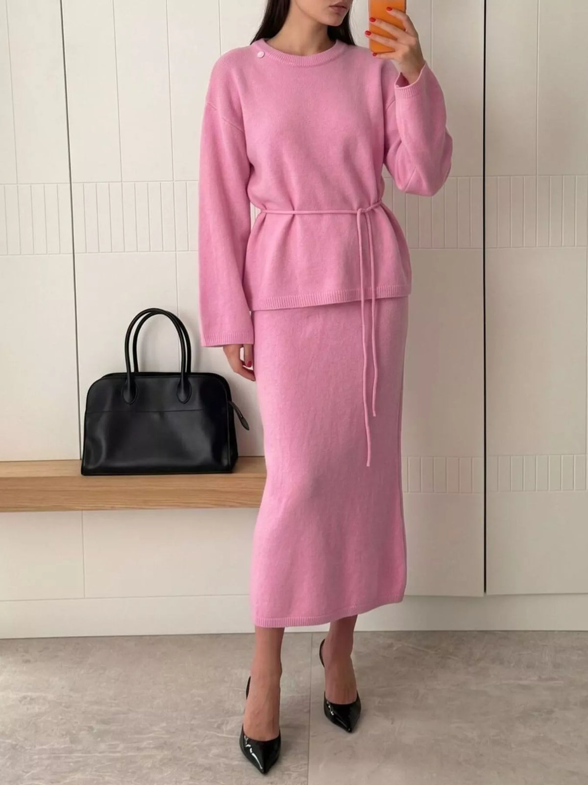 Waist-Tie Detail Sweater and Maxi Skirt Set in Fuchsia Pink