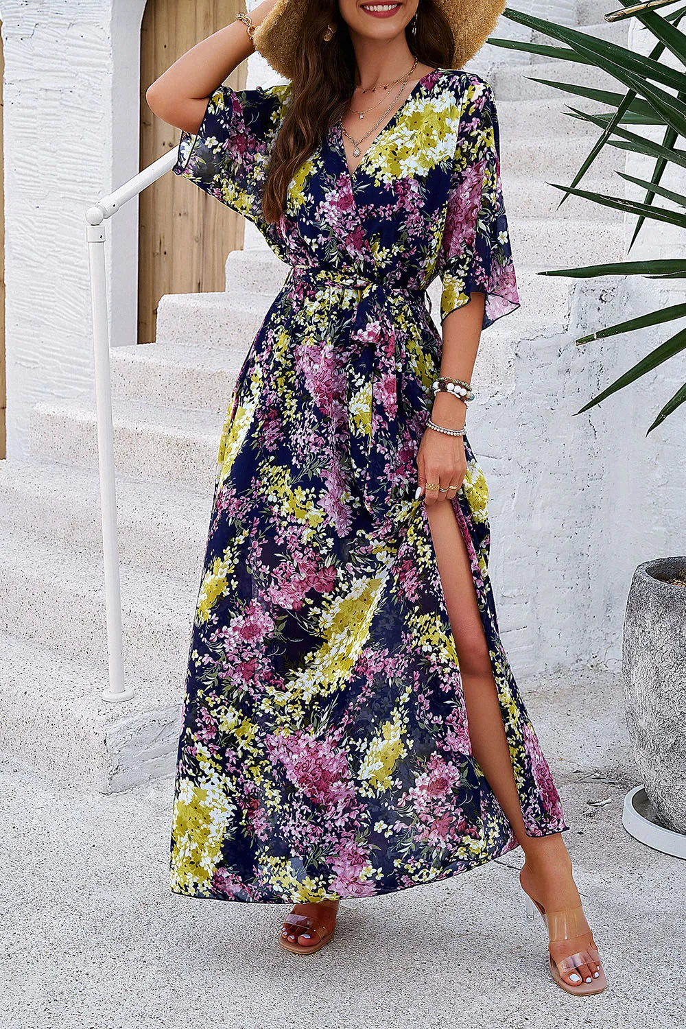 Devine Printed Tied Half Sleeve Slit Dress - Lilixa.store