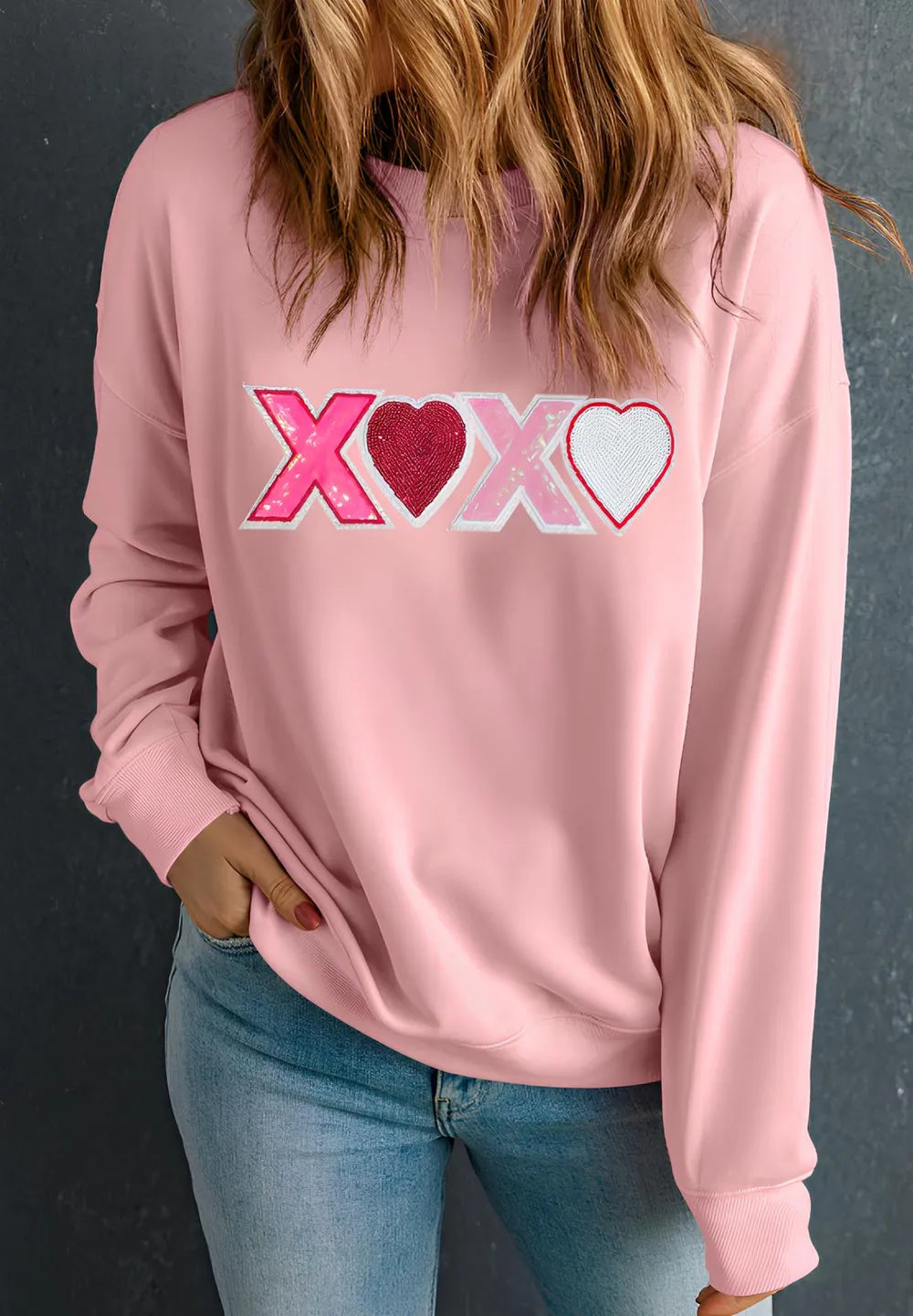 Valentine’s Day XOXO Round Neck Long Sleeve Sweatshirt - Lilixa.store