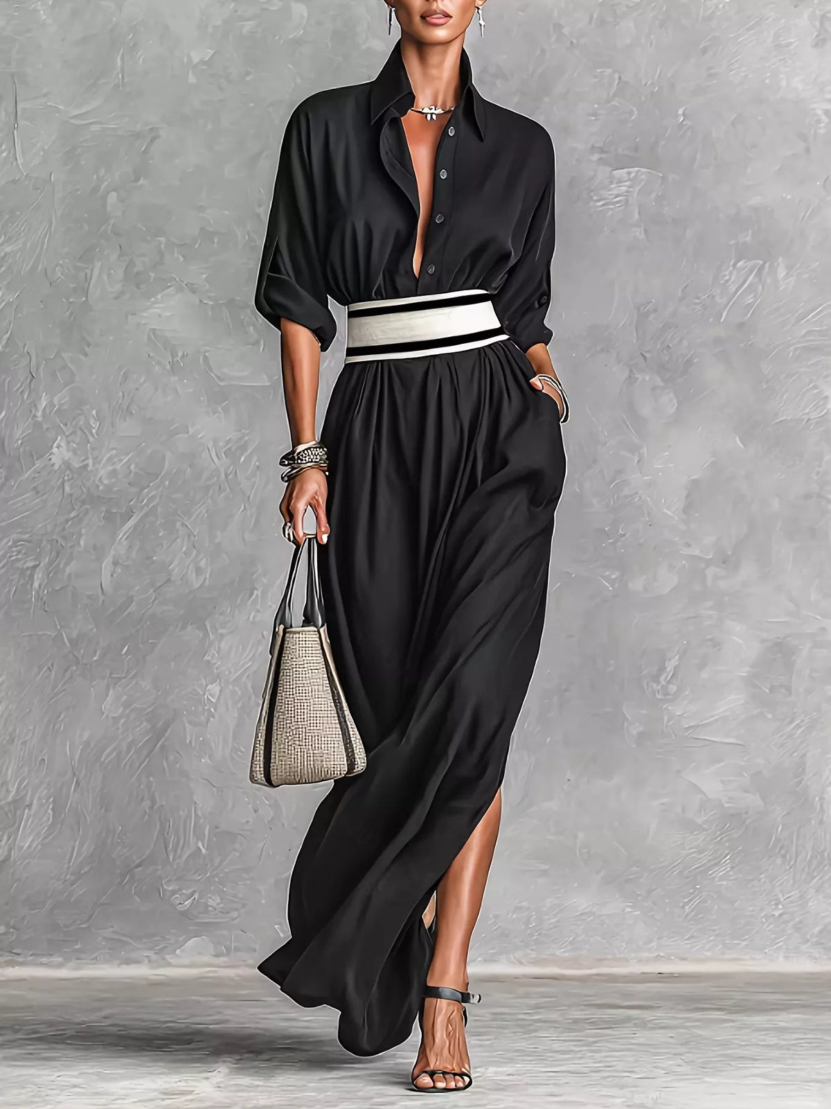 Slit Roll-Up Sleeve Maxi Dress in Black