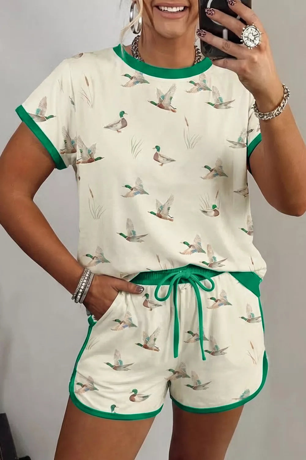 Mallard Printed Colorblock Trim Short Set - Lilixa.store