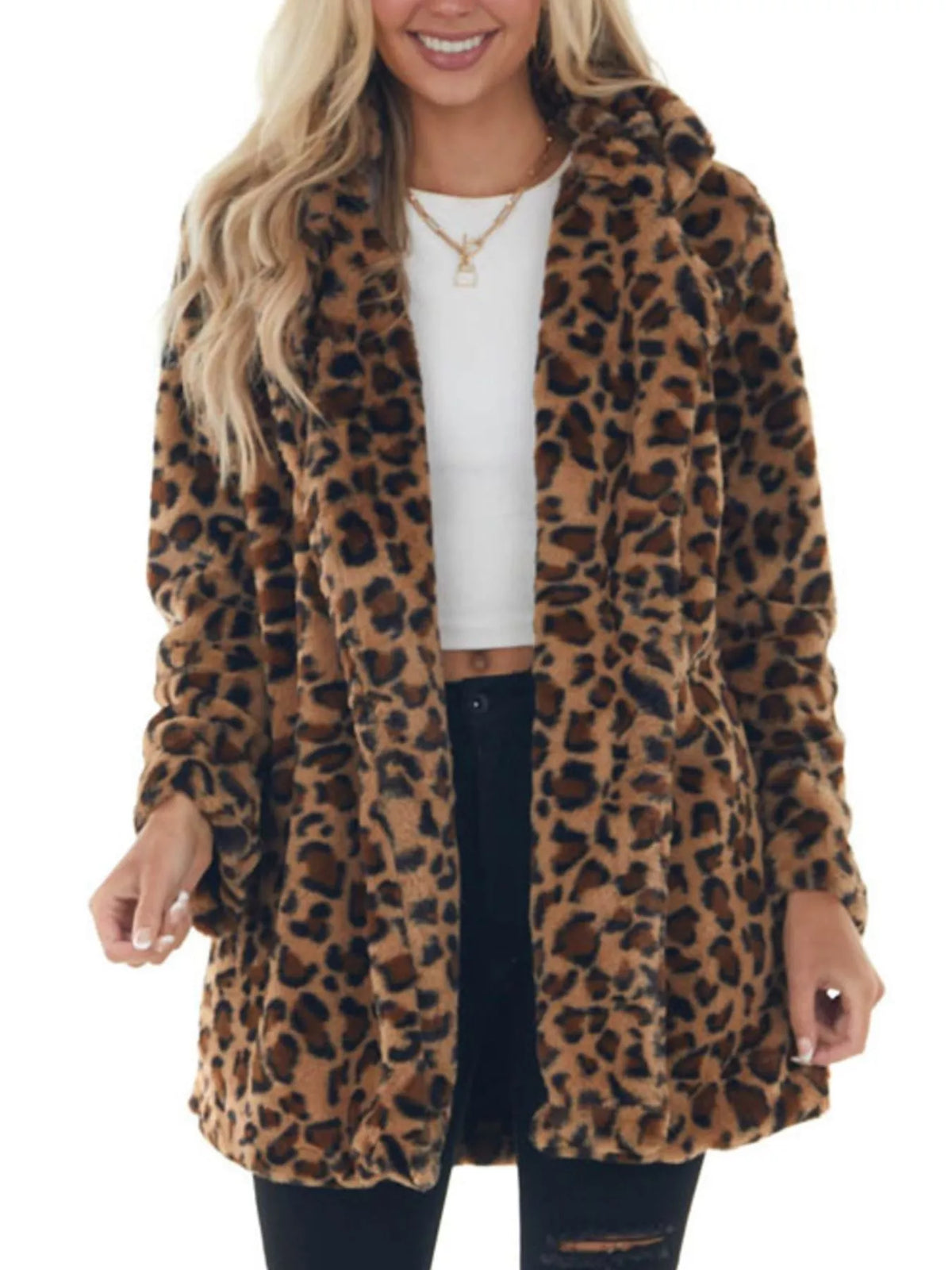 Full Size Leopard Open Front Outerwear Plus Size - Lilixa.store