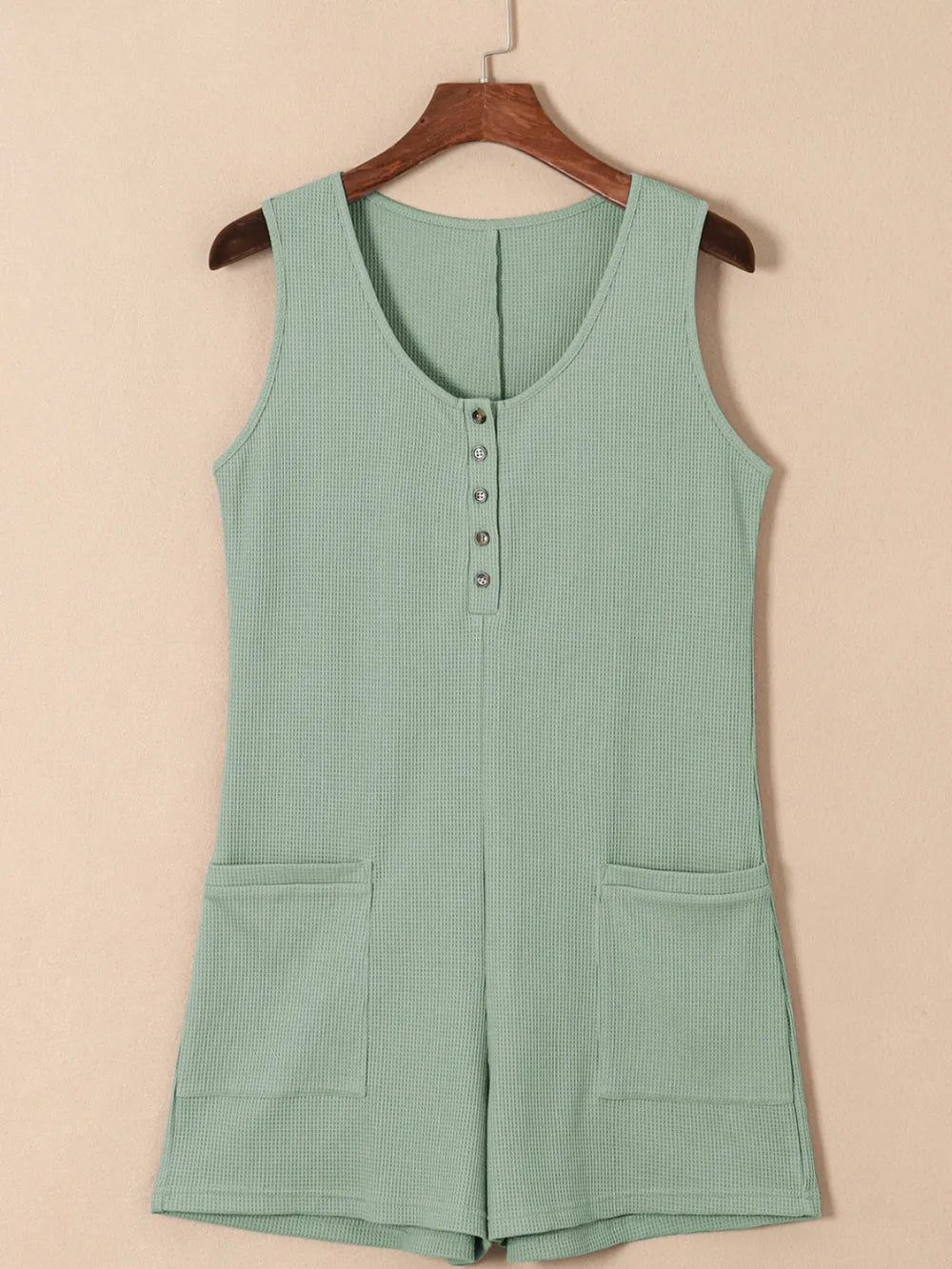 Waffle-Knit Half Button Sleeveless Romper with Pockets - Lilixa.store