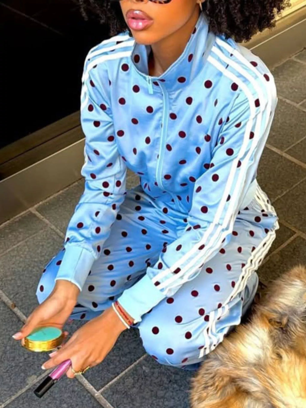 Polka Dot Side Striped Outerwear and Pants Set - Lilixa.store