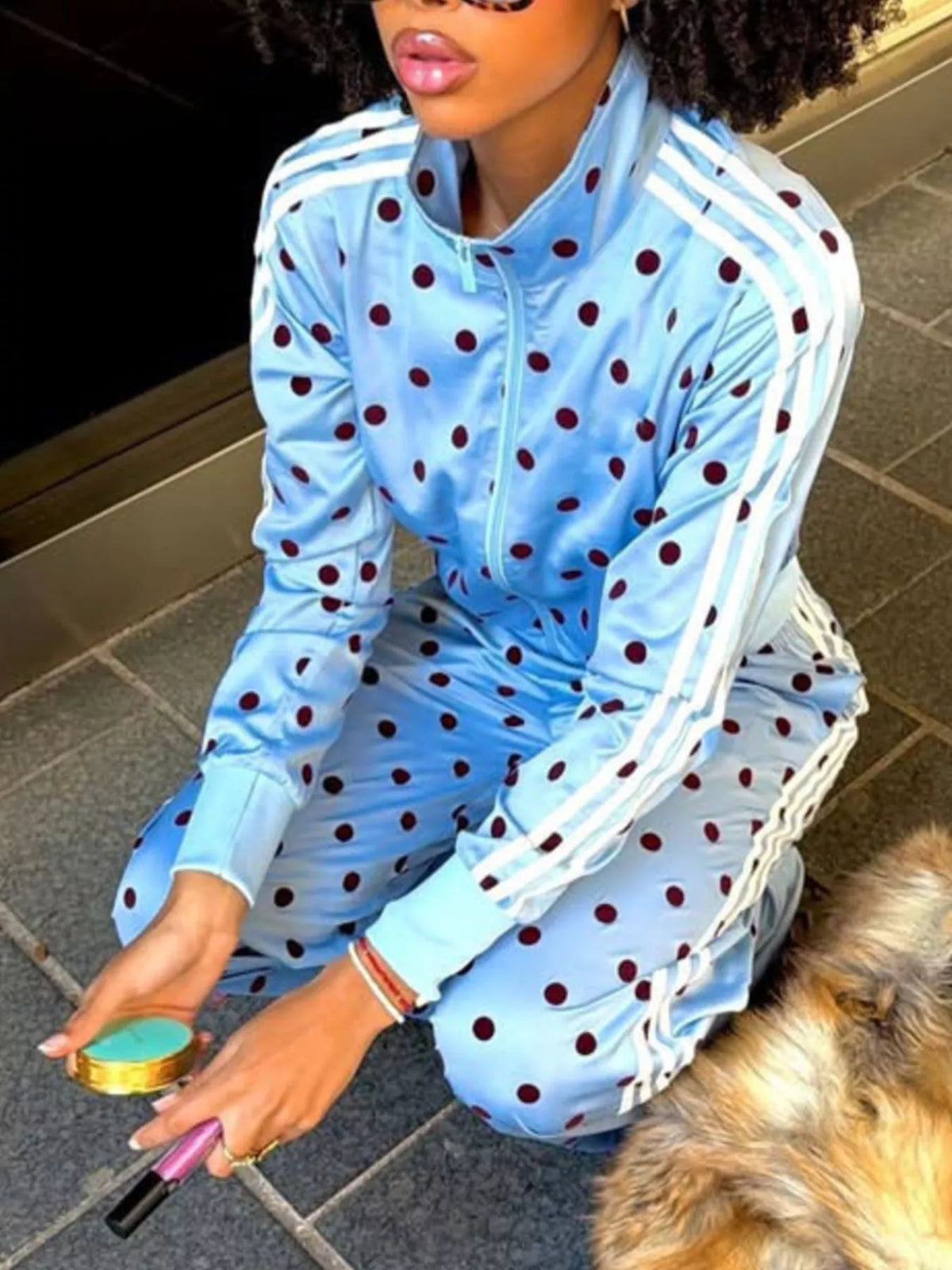 Polka Dot Side Striped Outerwear and Pants Set - Lilixa.store