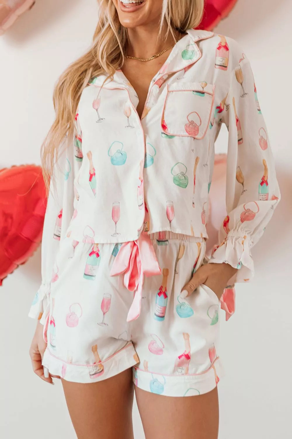 Bow Printed Collared Neck Top and Drawstring Shorts Lounge Set - Lilixa.store