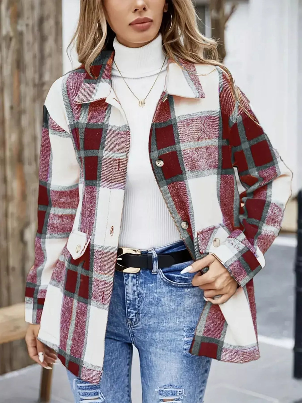 Plaid Button-Up Long Sleeve Shacket in Burgundy