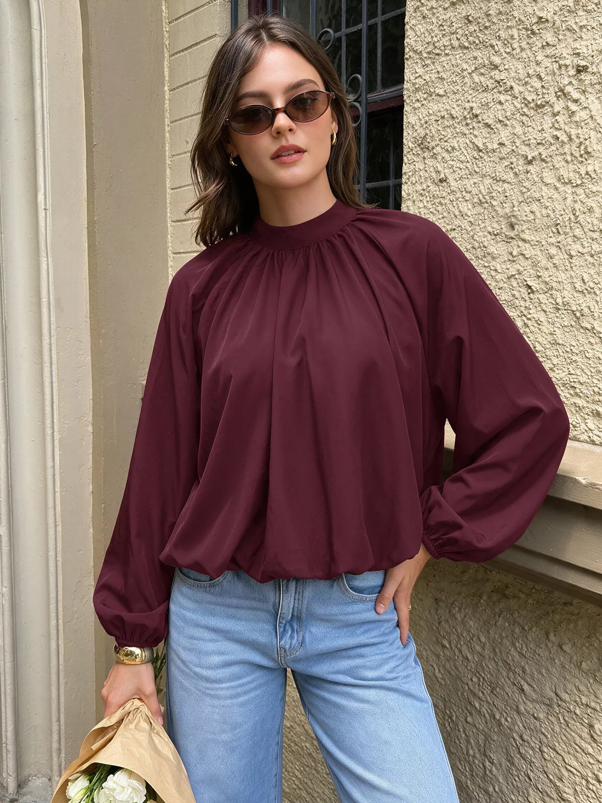 Tie Back Balloon Sleeve Blouse in Fuchsia Pink, view 4