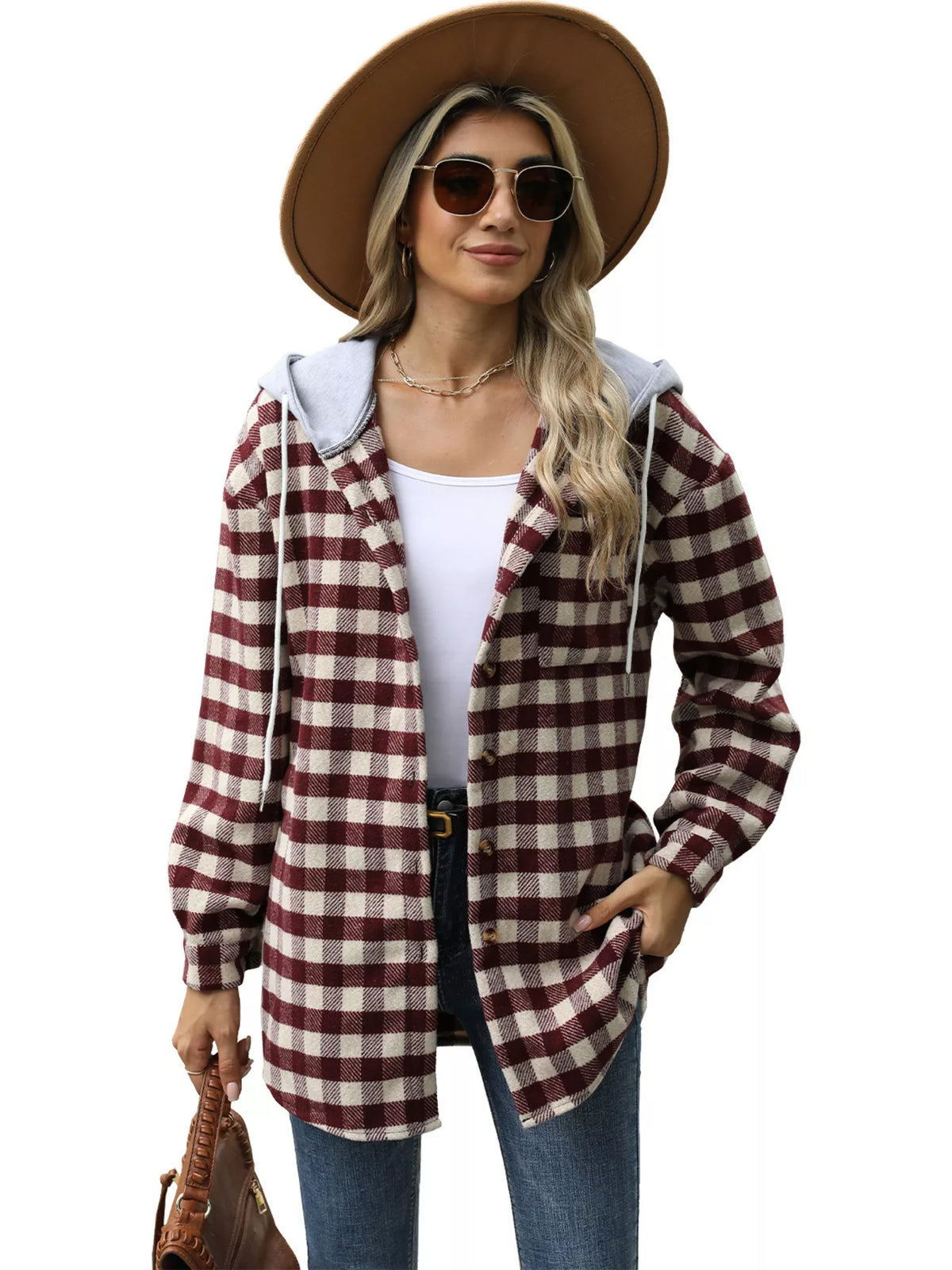 Plaid Button Up Long Sleeve Drawstring Hooded Jacket, view 22