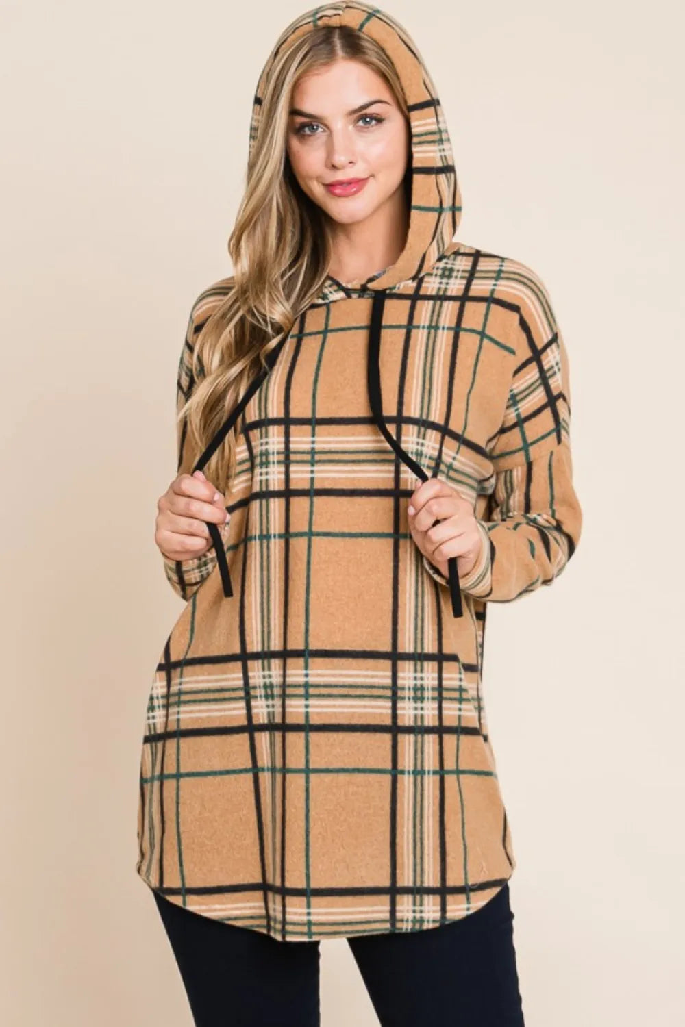 BOMBOM Drawstring Plaid Long Sleeve Hoodie - Lilixa.store