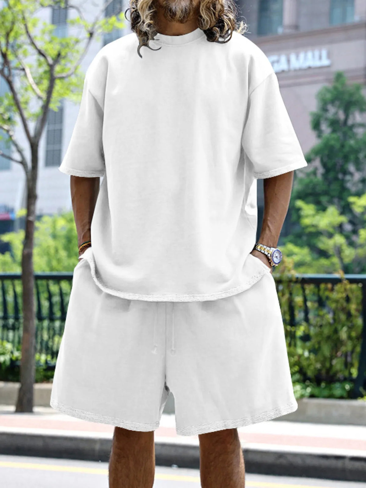 Men's Full Size Round Neck Short Sleeve Top and Shorts Set Plus Size in White