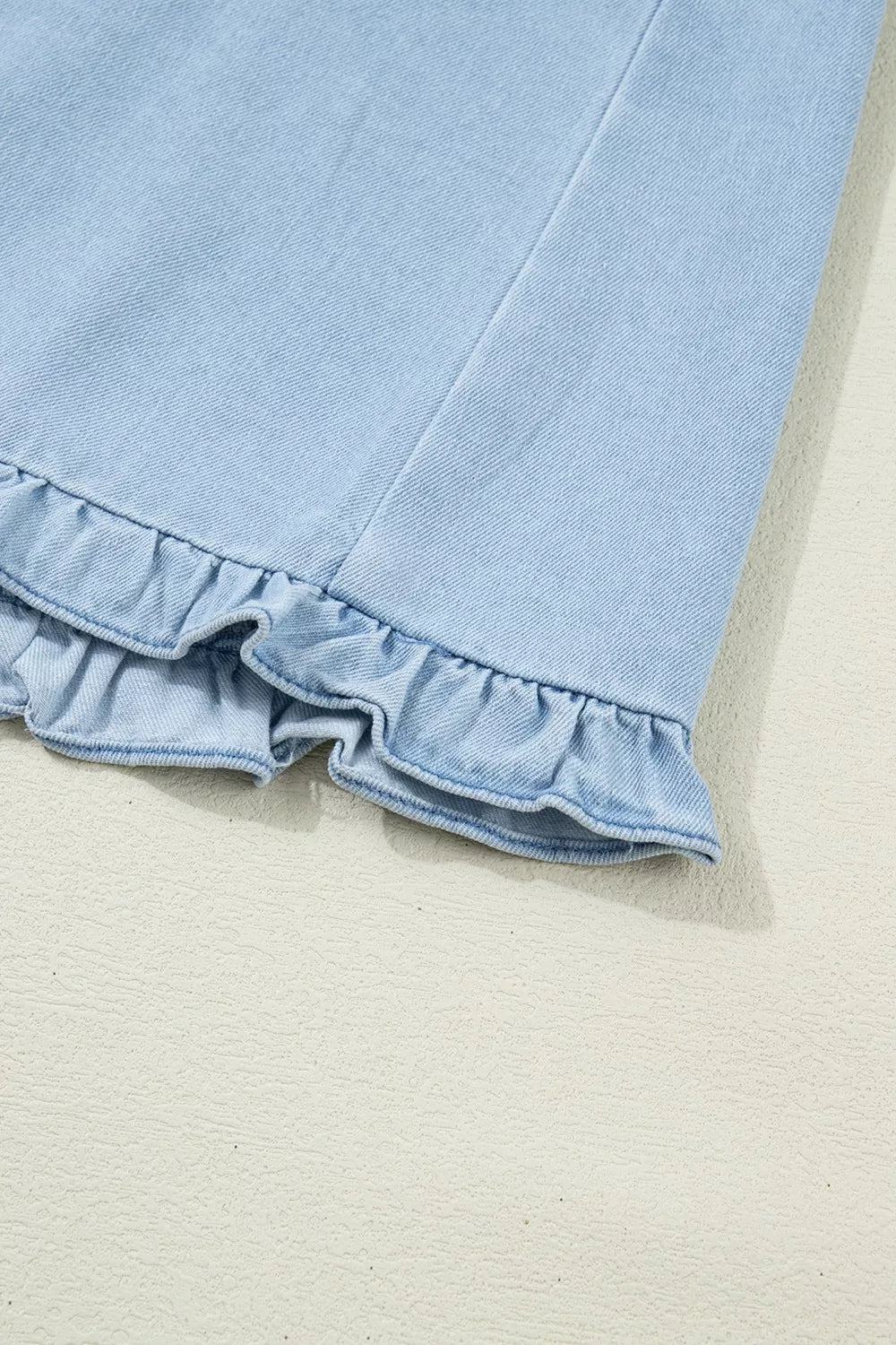 Ruffled Edge Collared Shift Denim Dress with Pockets - Lilixa.store