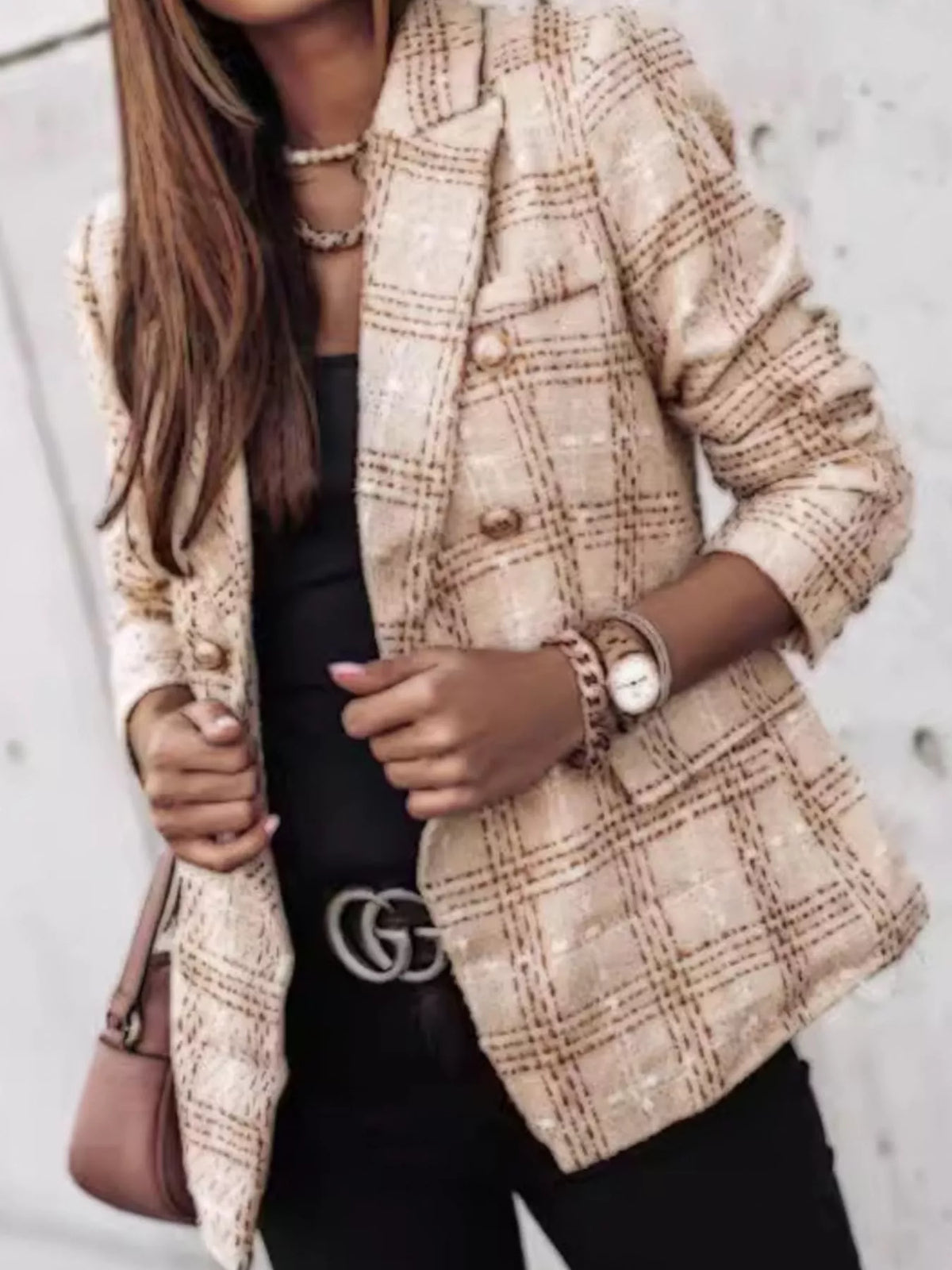 Full Size Plaid Tweed Double-Breasted Blazer Plus Size - Lilixa.store