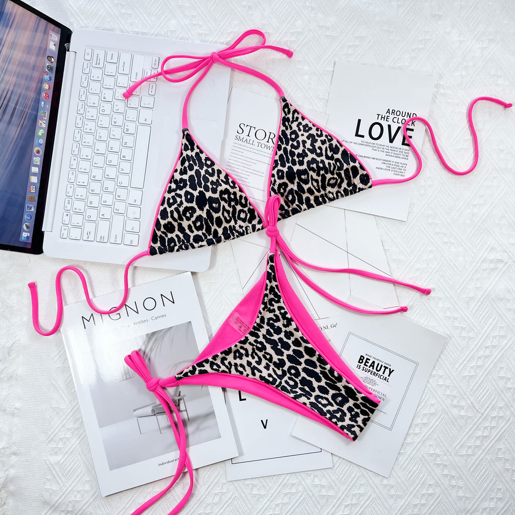 Leopard Print Halter Neck Tie Side Bikini Set - Lilixa.store