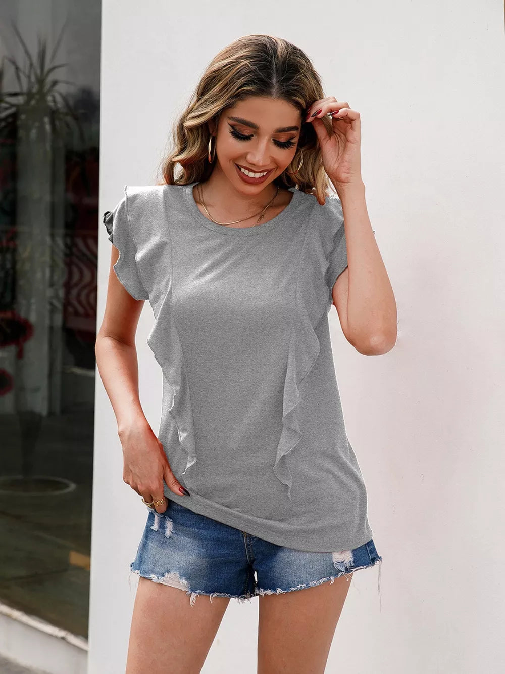 Ivy Lane Ruffled Round Neck Cap Sleeve T-Shirt - Lilixa.store