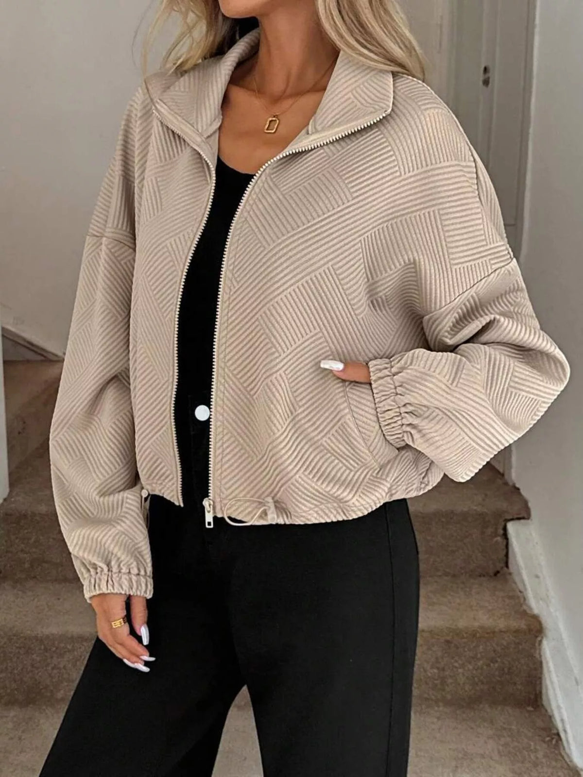 Drawstring Hem Textured Long Sleeve Jacket in Khaki