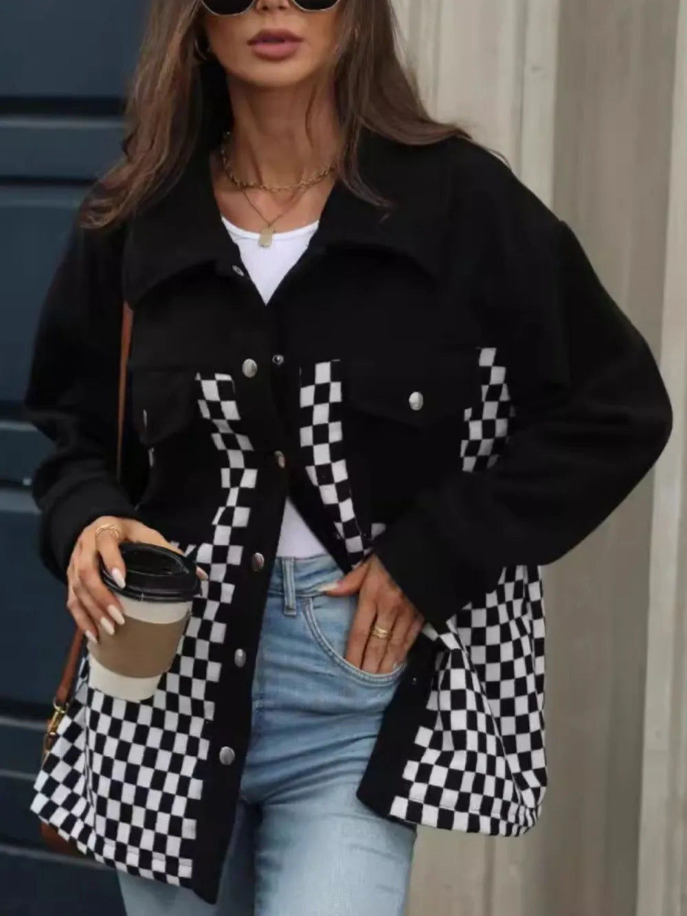 Checkered Snap Down Long Sleeve Jacket - Lilixa.store