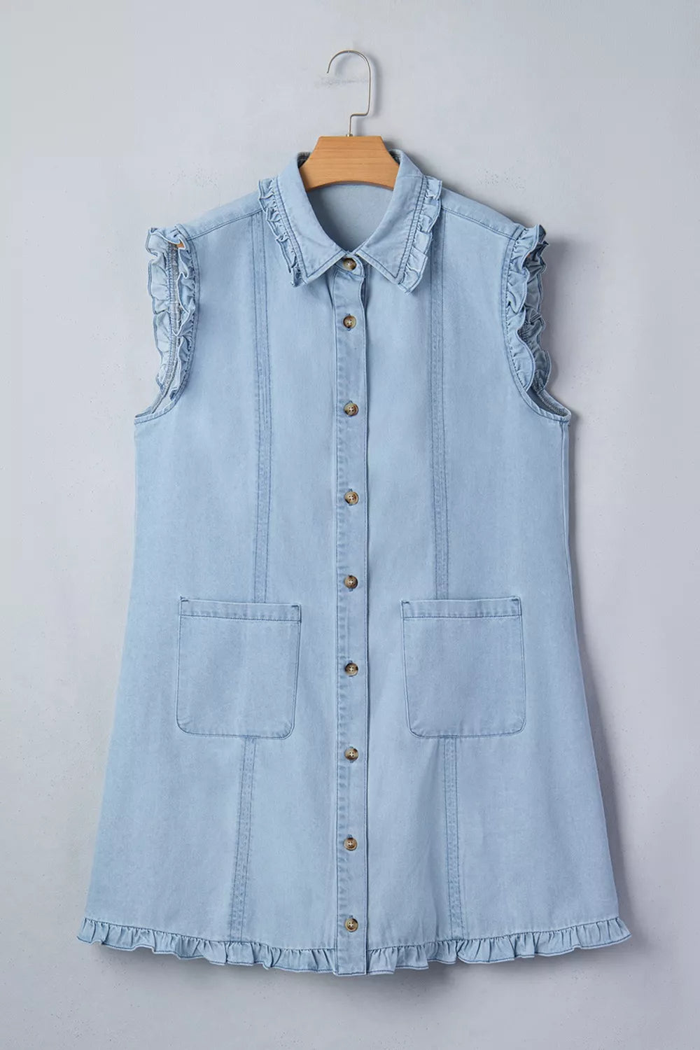 Ruffled Edge Collared Shift Denim Dress with Pockets - Lilixa.store