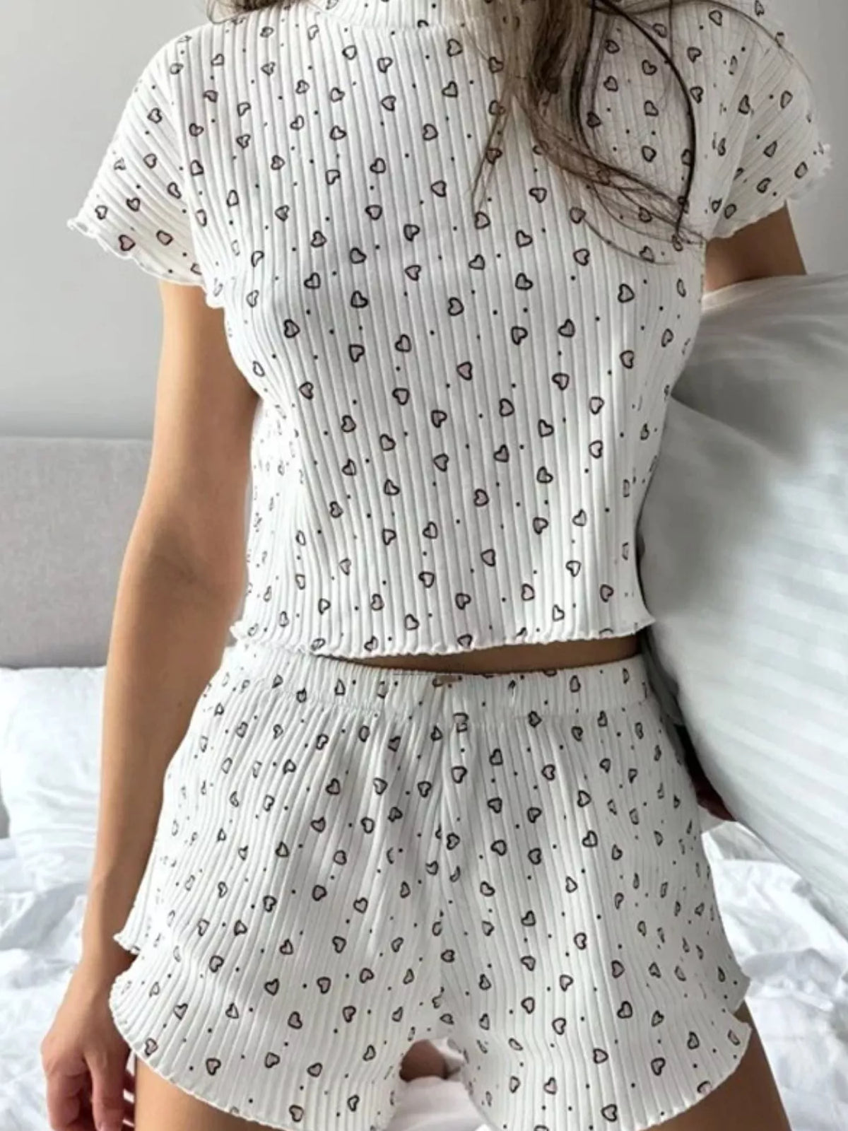 Heart Print Ribbed Knit Top and Shorts Lounge Set in White