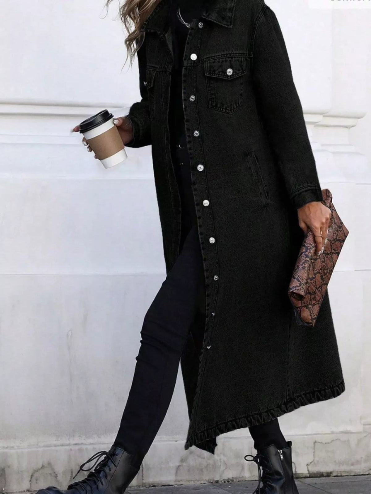 Longline Button-Front Denim Jacket, view 10