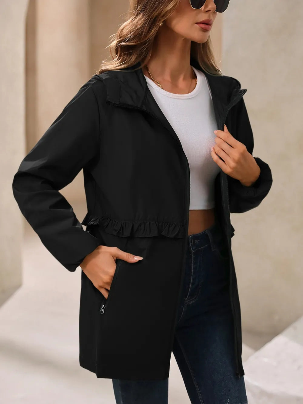 Ivy Lane Outdoor Waterproof Long Sleeve Hooded Windbreaker in Black