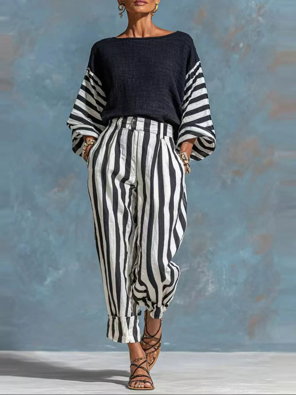 Striped Long Sleeve Top and Pants Set - Lilixa.store