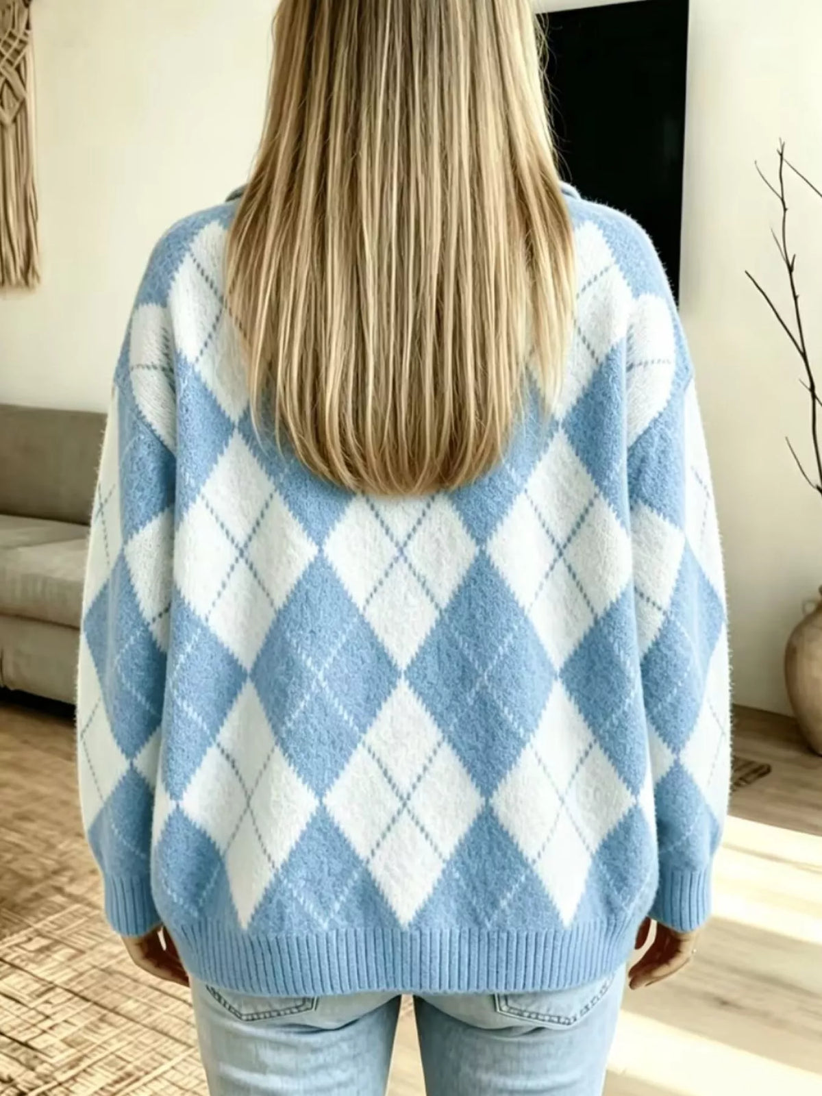 Argyle Pattern Collared Pullover Sweater, view 5
