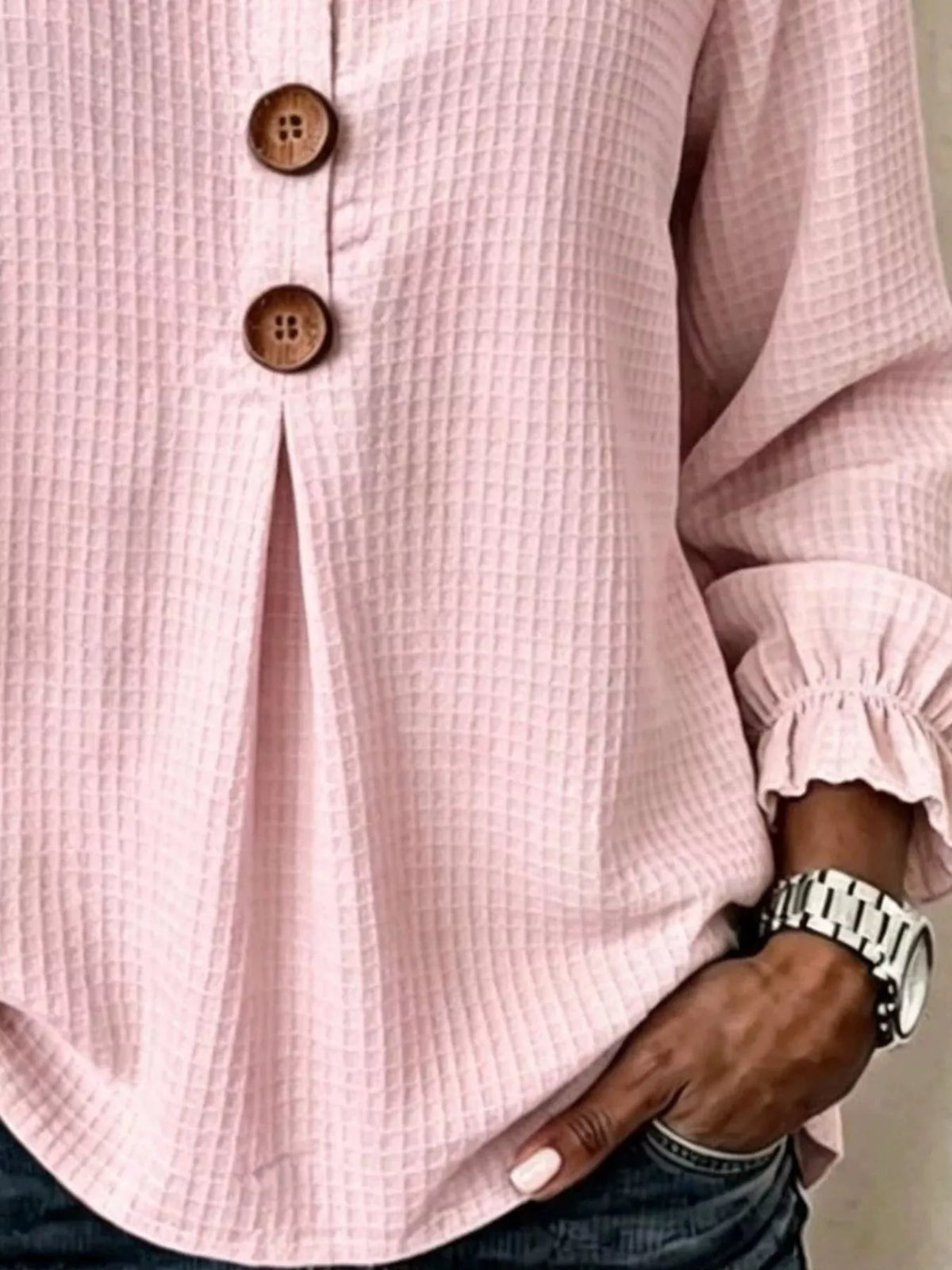 Full Size Waffle Knit Flounce Sleeve Blouse Plus Size, view 8