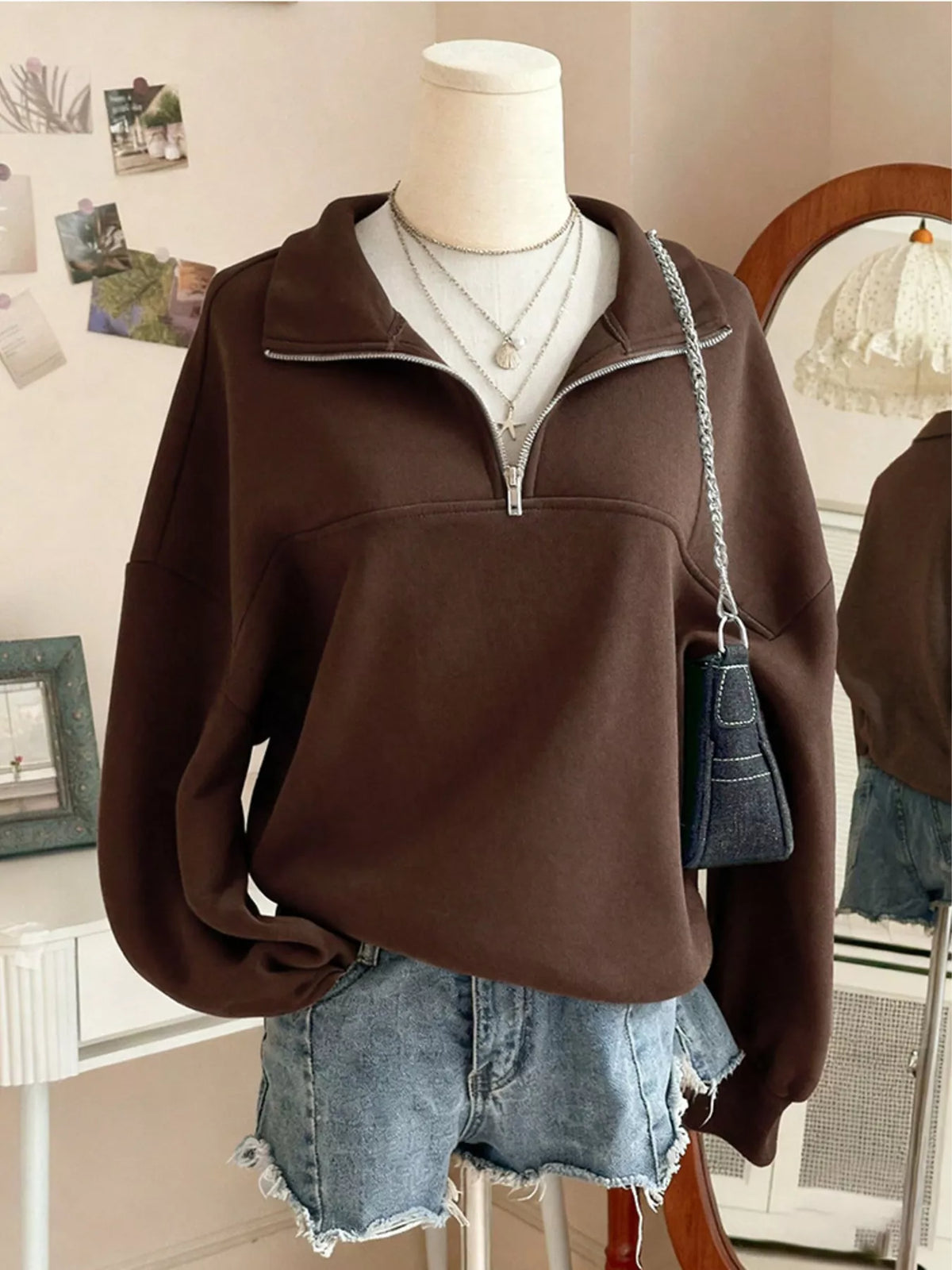 Quarter-Zip Dropped Shoulder Sweatshirt - Lilixa.store