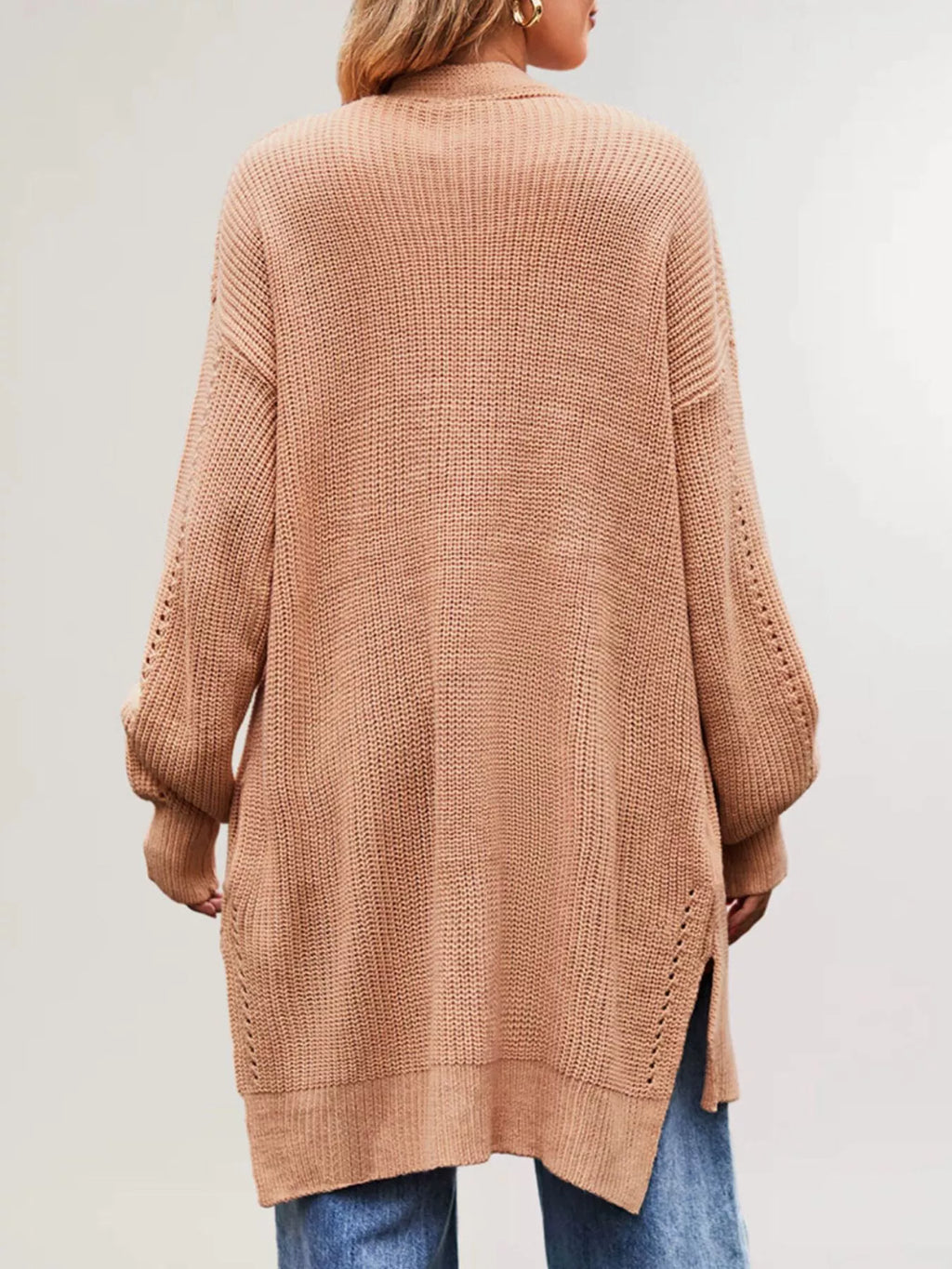 Open Front Openwork Knit Longline Cardigan - Lilixa.store