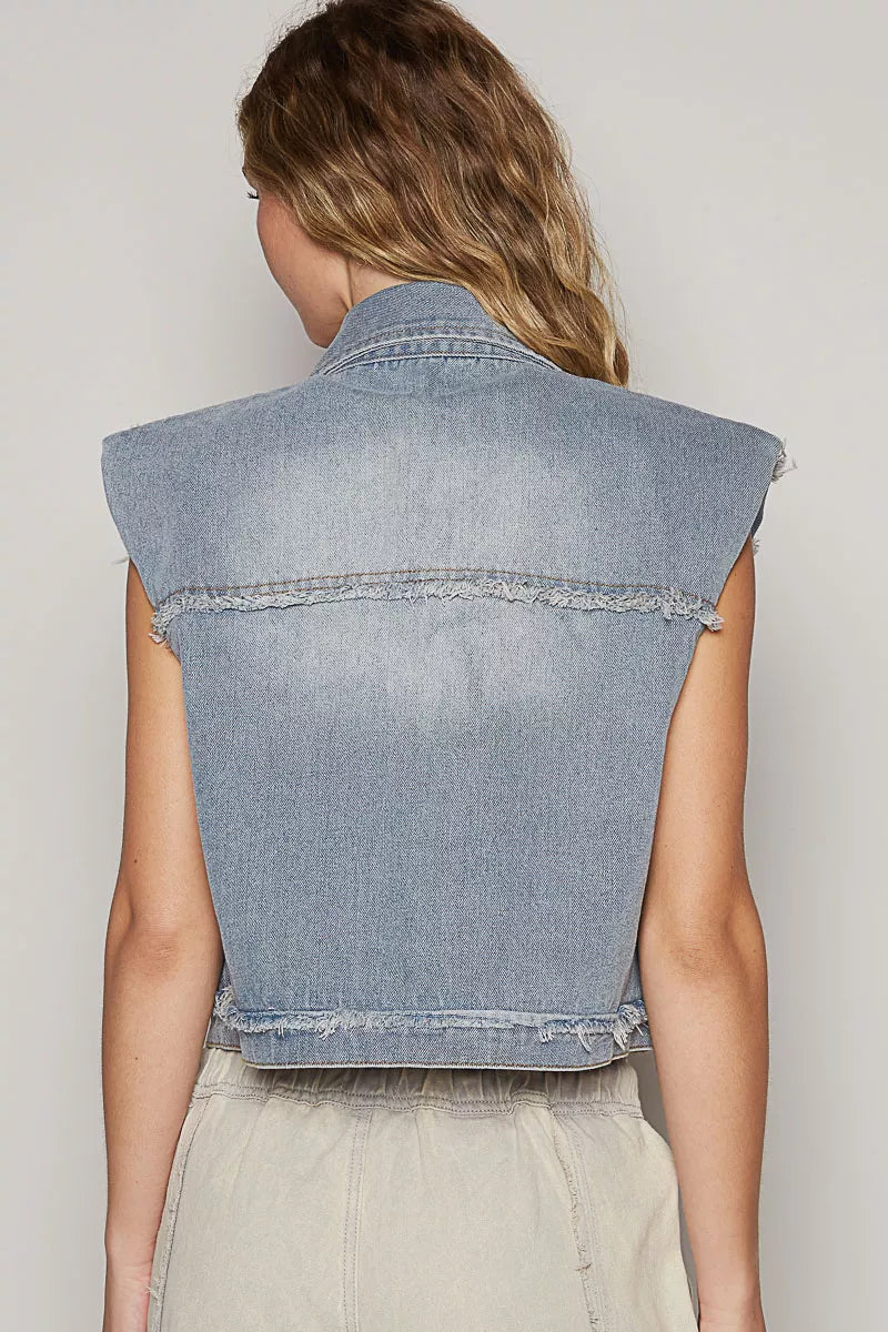 POL Assymetrical Front Closure Raw Hem Denim Vest, view 6