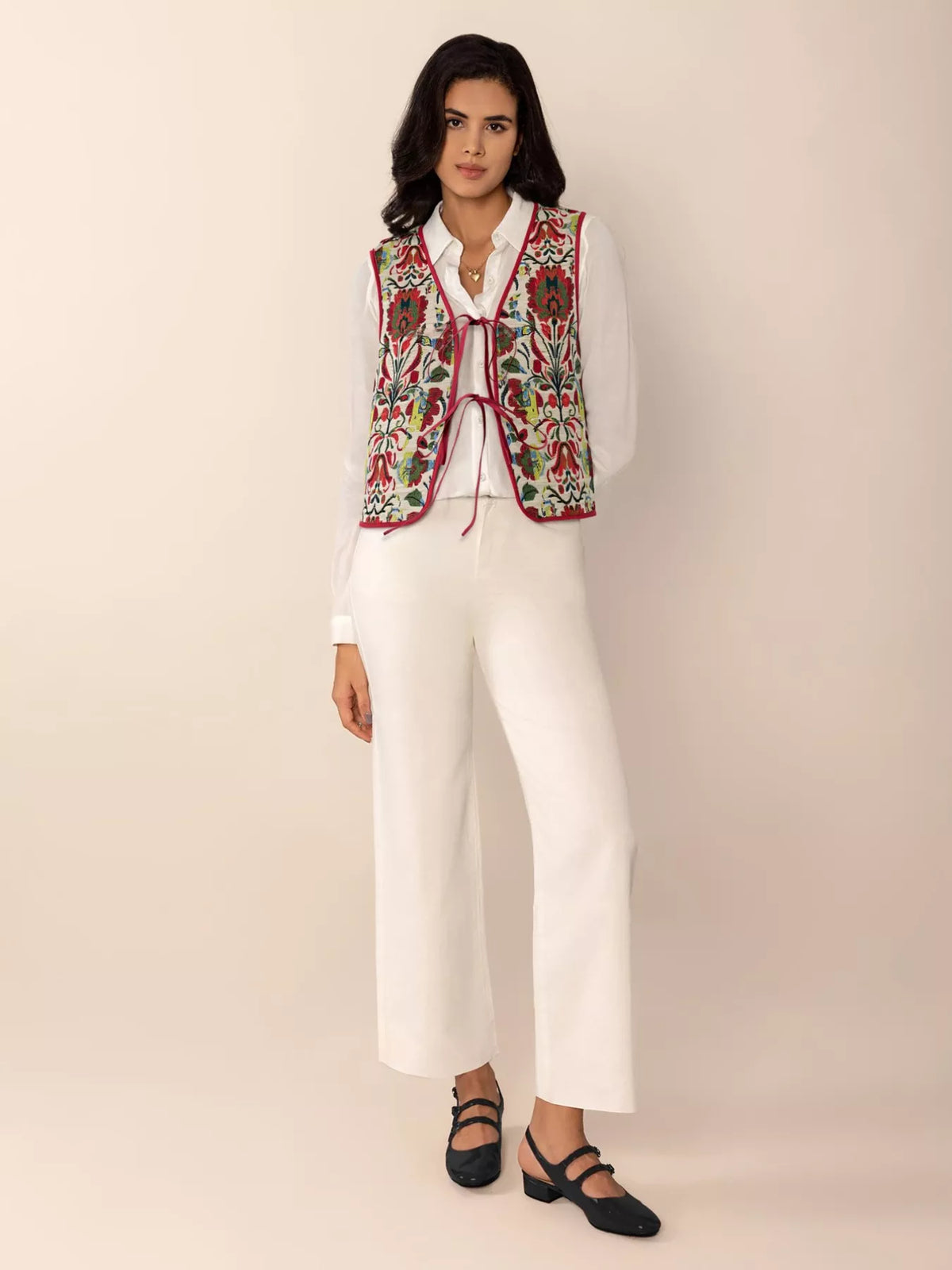 Floral Embroidered Tie-Front Vest Coat in Deep Red, view 11