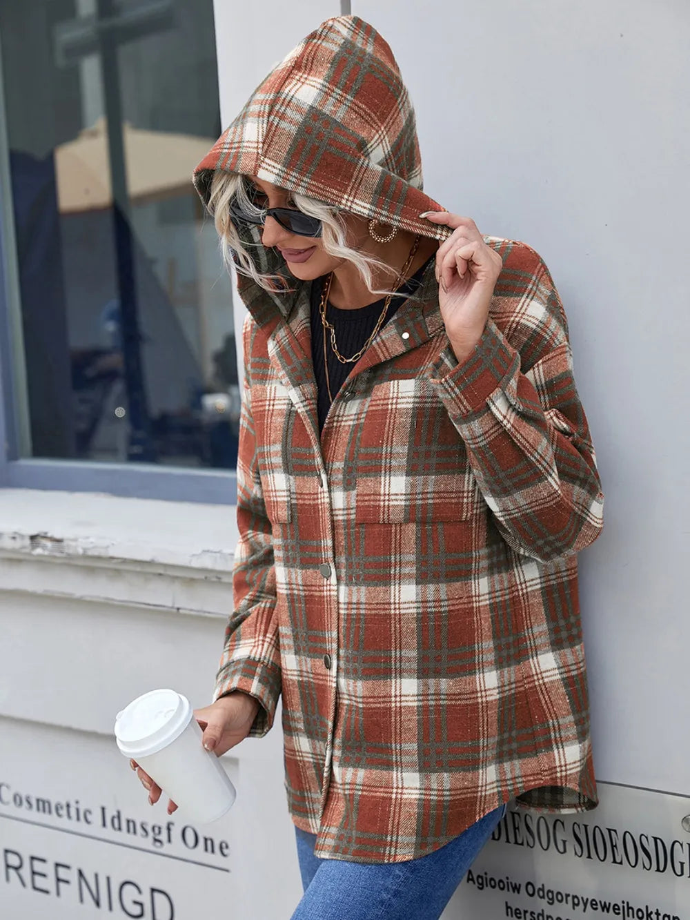 Ivy Lane Plaid Button Up Long Sleeve Hooded Jacket, view 7