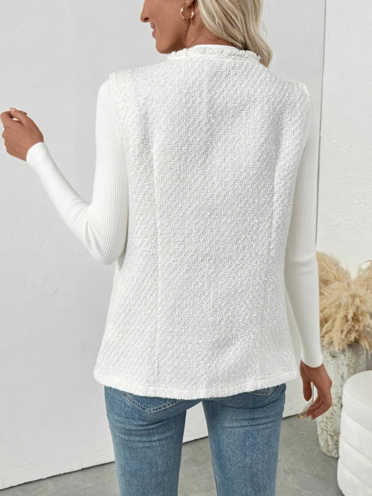 Textured Button-Front Vest with Raw Edge in White, view 5