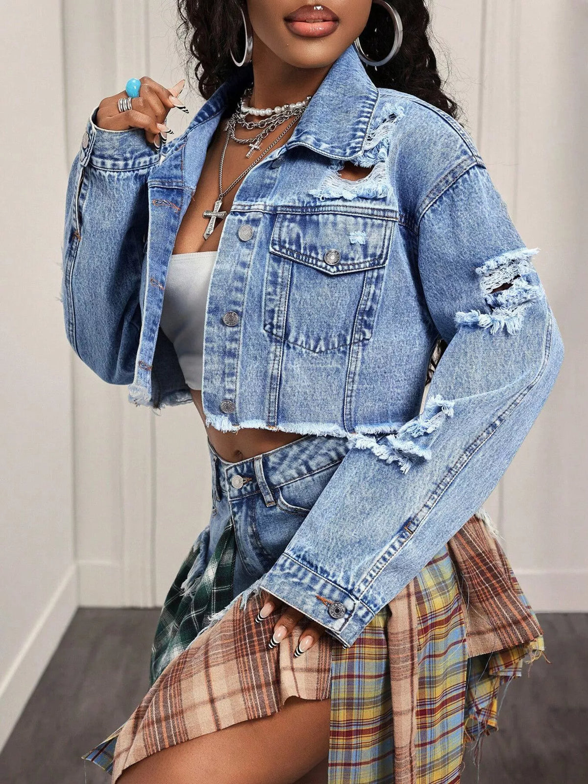 Distressed Cropped Denim Jacket in Blue, view 5