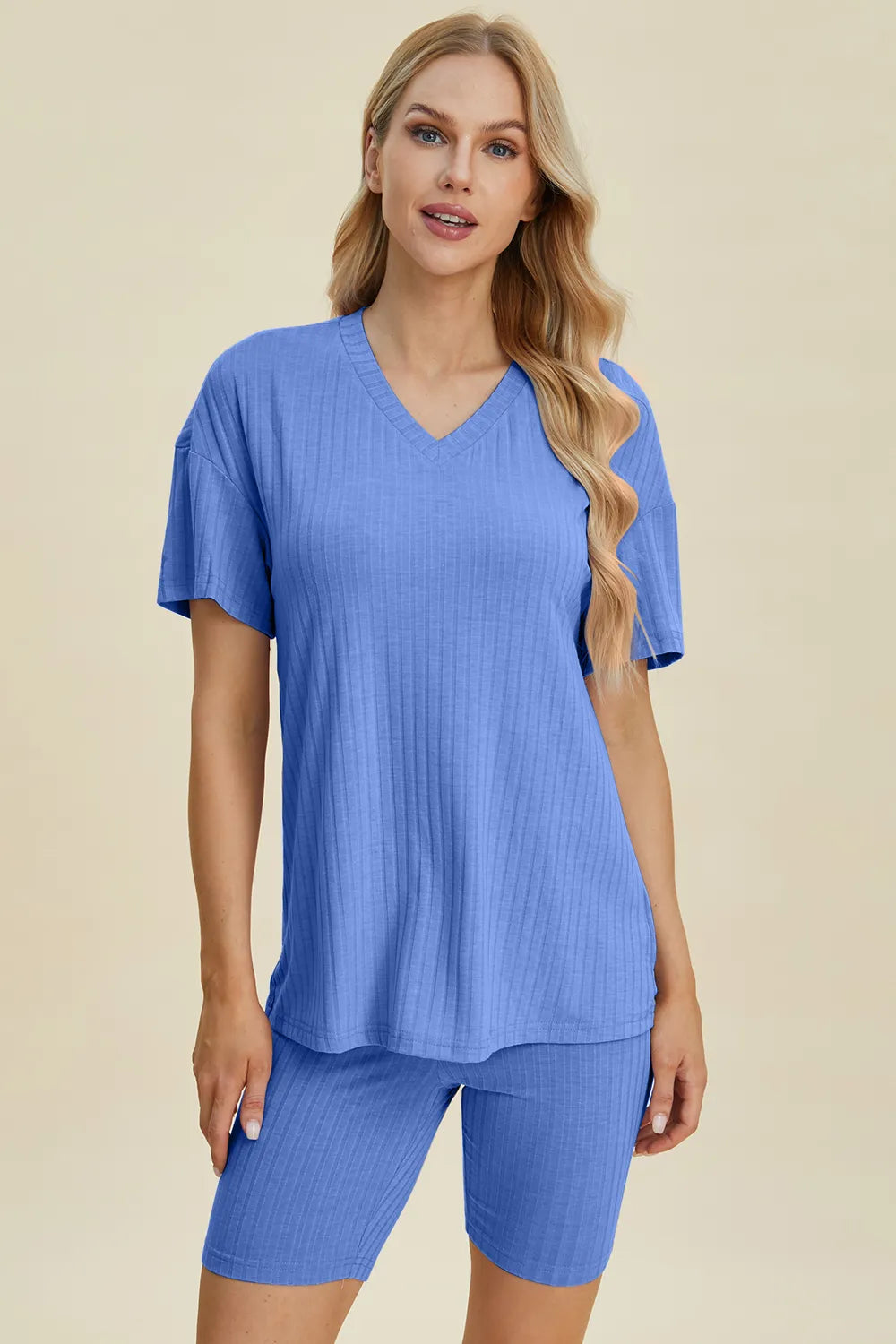 Basic Bae Full Size Ribbed V-Neck Short Sleeve Top and Shorts Set - Lilixa.store