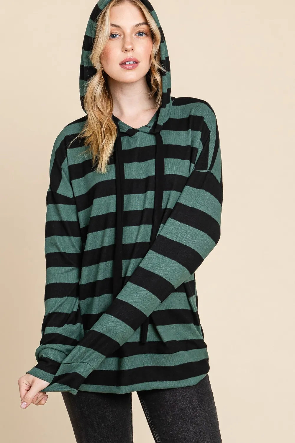 BOMBOM Drawstring Striped Dropped Shoulder Hoodie - Lilixa.store