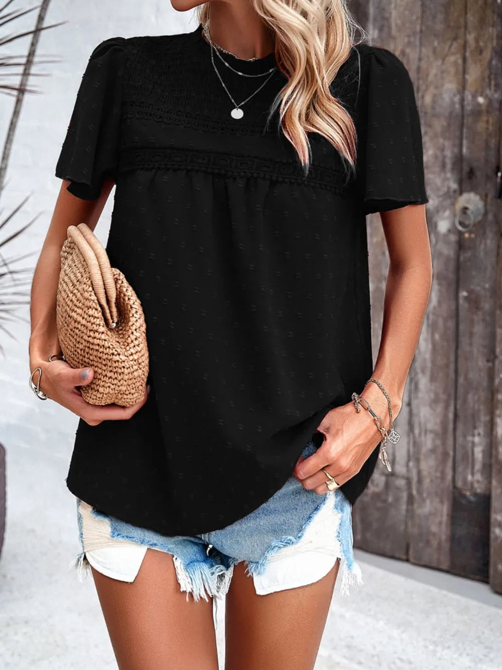 Devine Swiss Dot Smocked Round Neck Short Sleeve Blouse - Lilixa.store