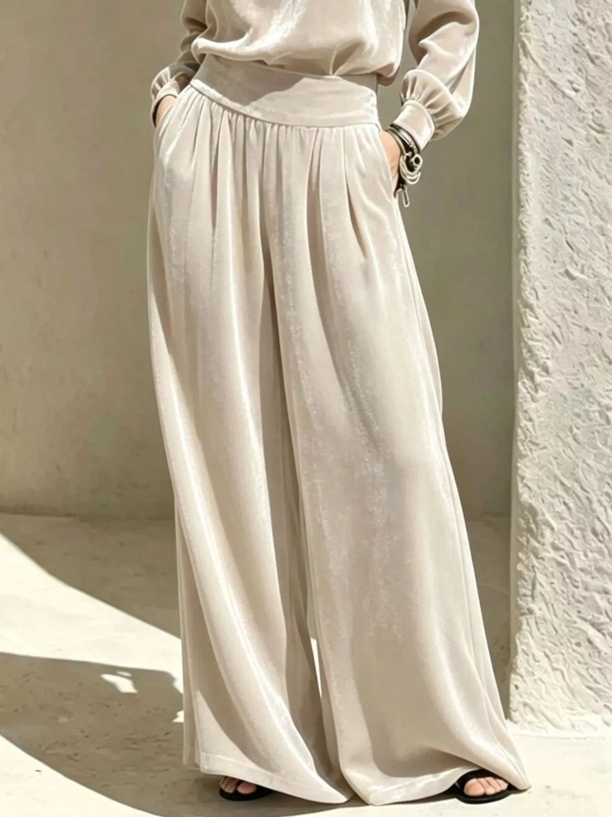 Velvet Mock Neck Long Sleeve Top and Wide-Leg Pants Set - Lilixa.store