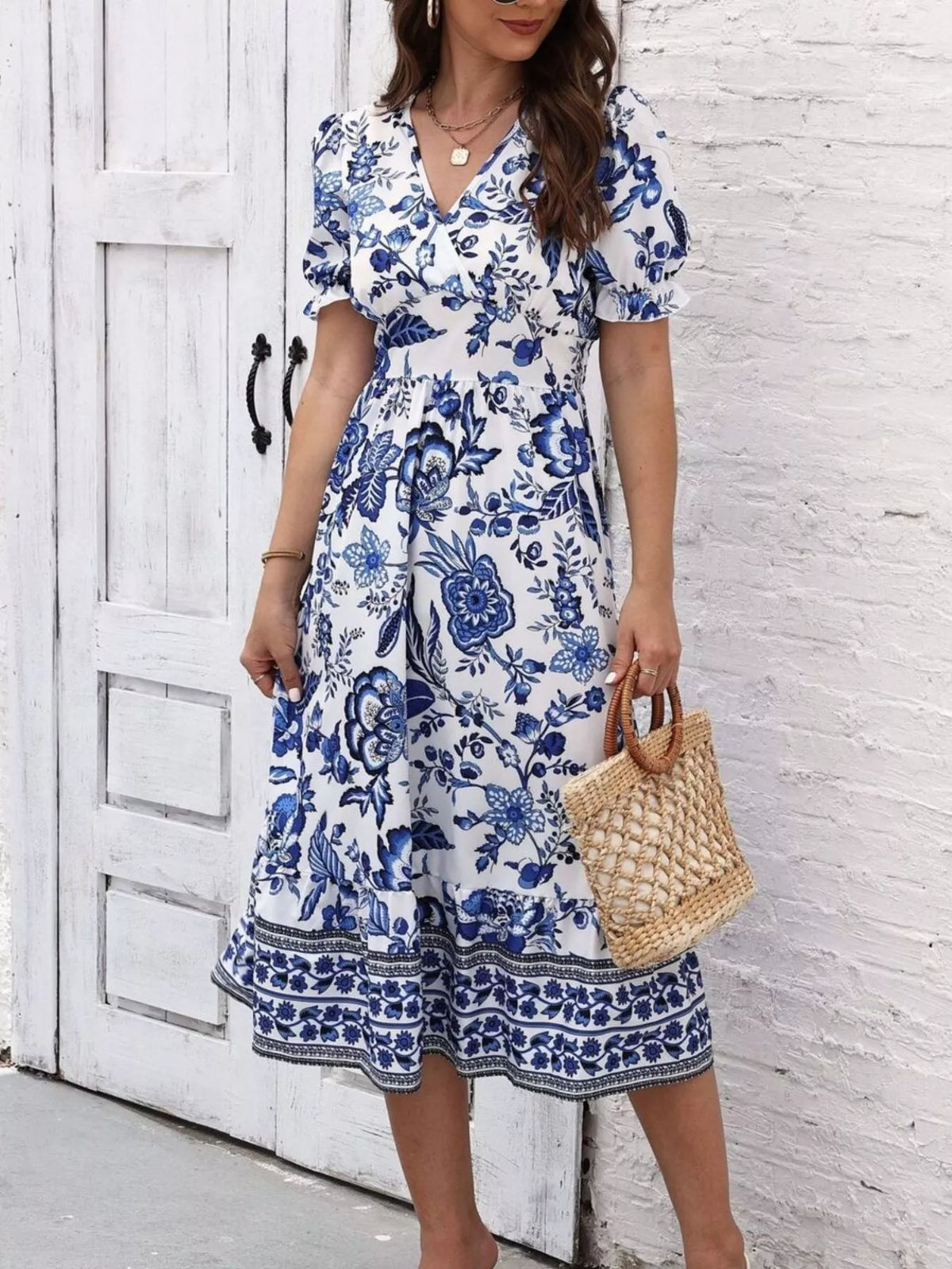 Floral Print Puff Sleeve Wrap Midi Dress