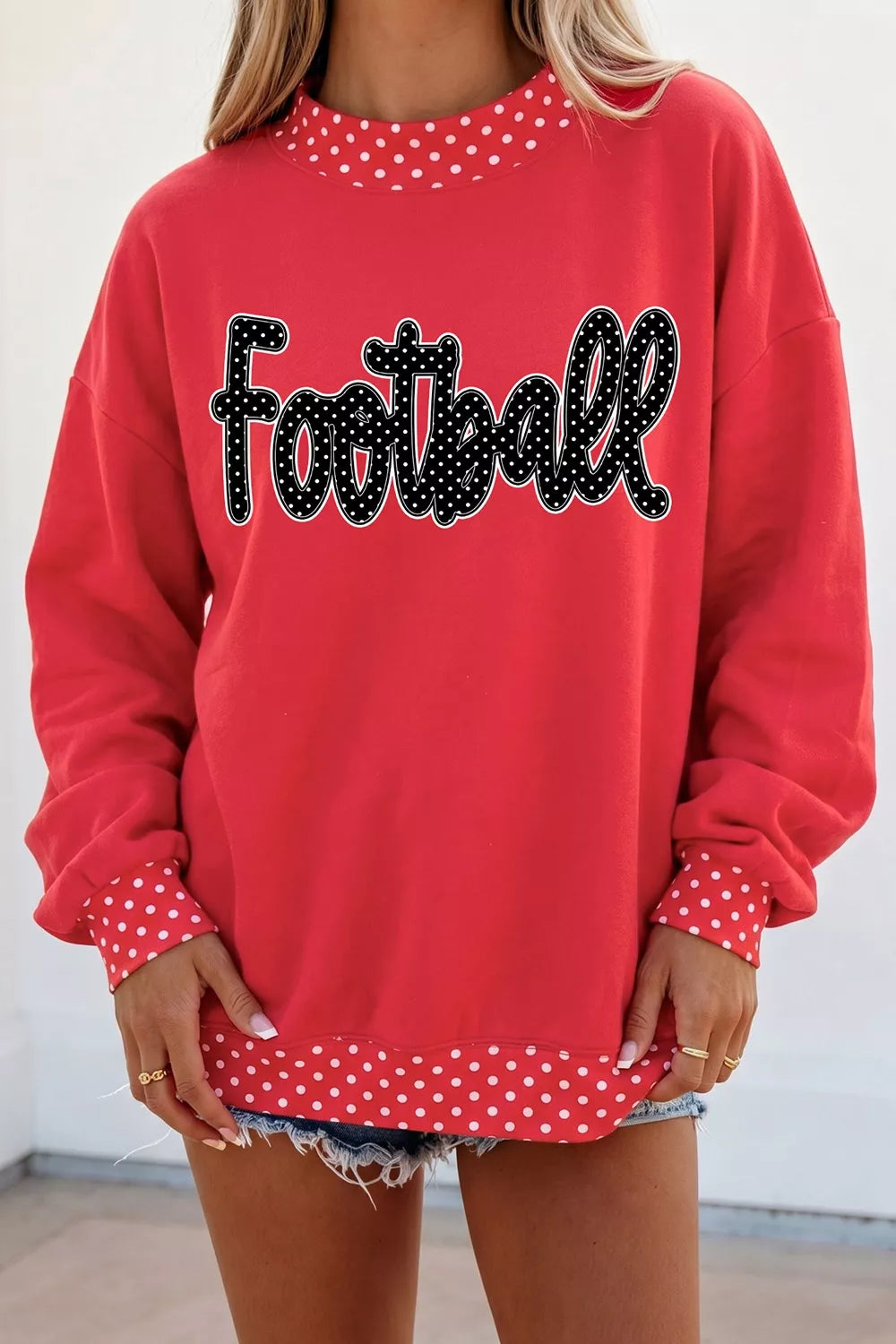 Polka Dot Trim Football Graphic Sweatshirt - Lilixa.store